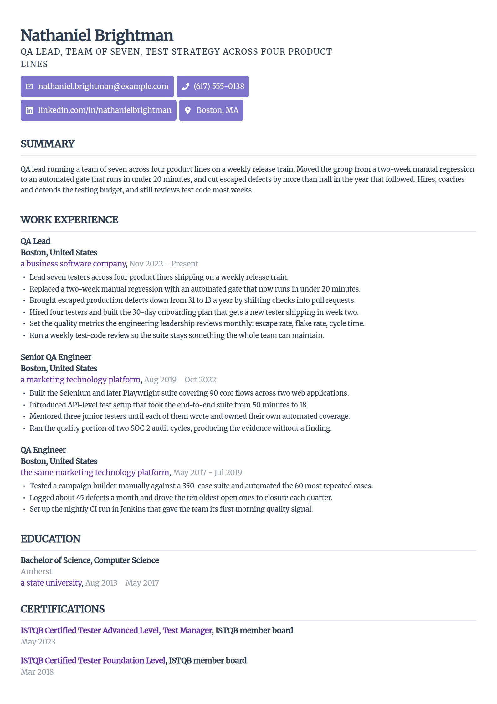 QA lead and senior tester resume example in the Sleek Framework template