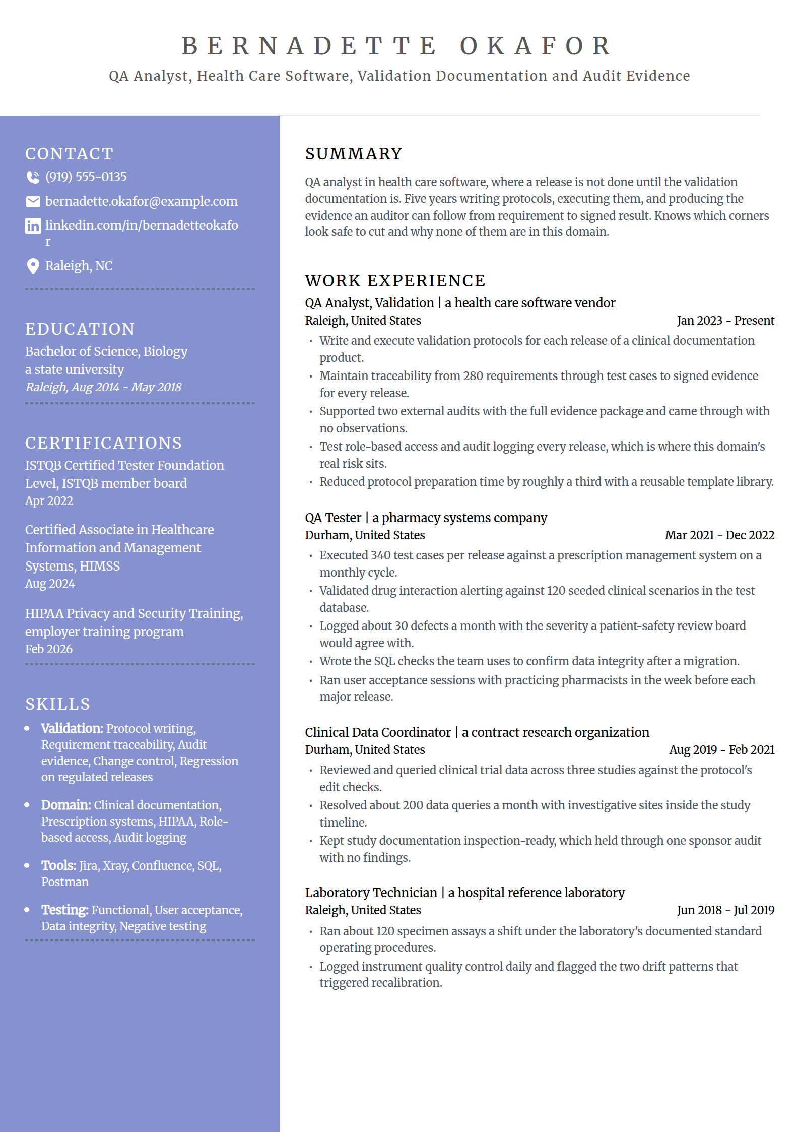 Health care QA analyst resume example for regulated software, in the Luminary template