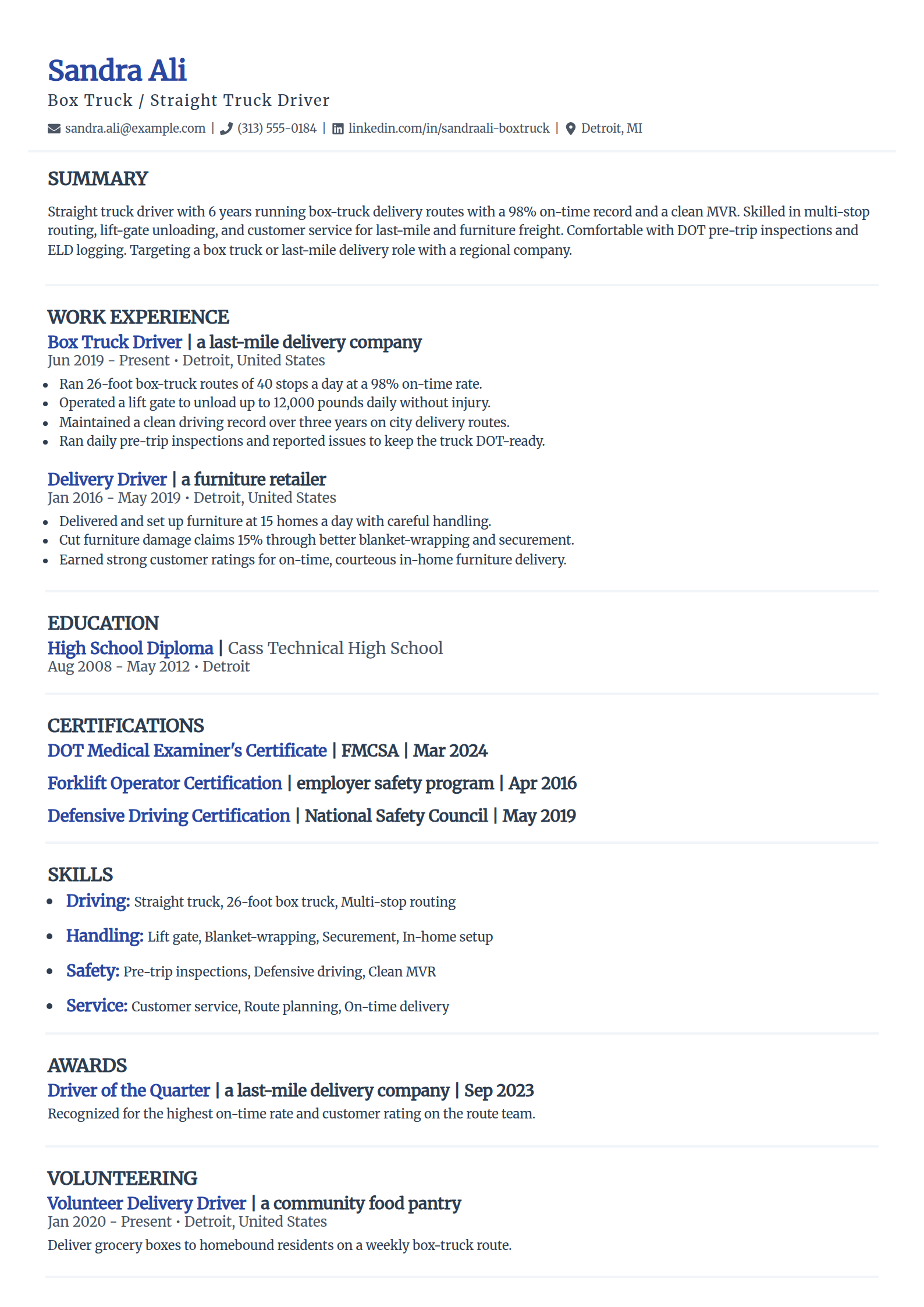 Box Truck Straight Truck Driver resume example in the Elegant template