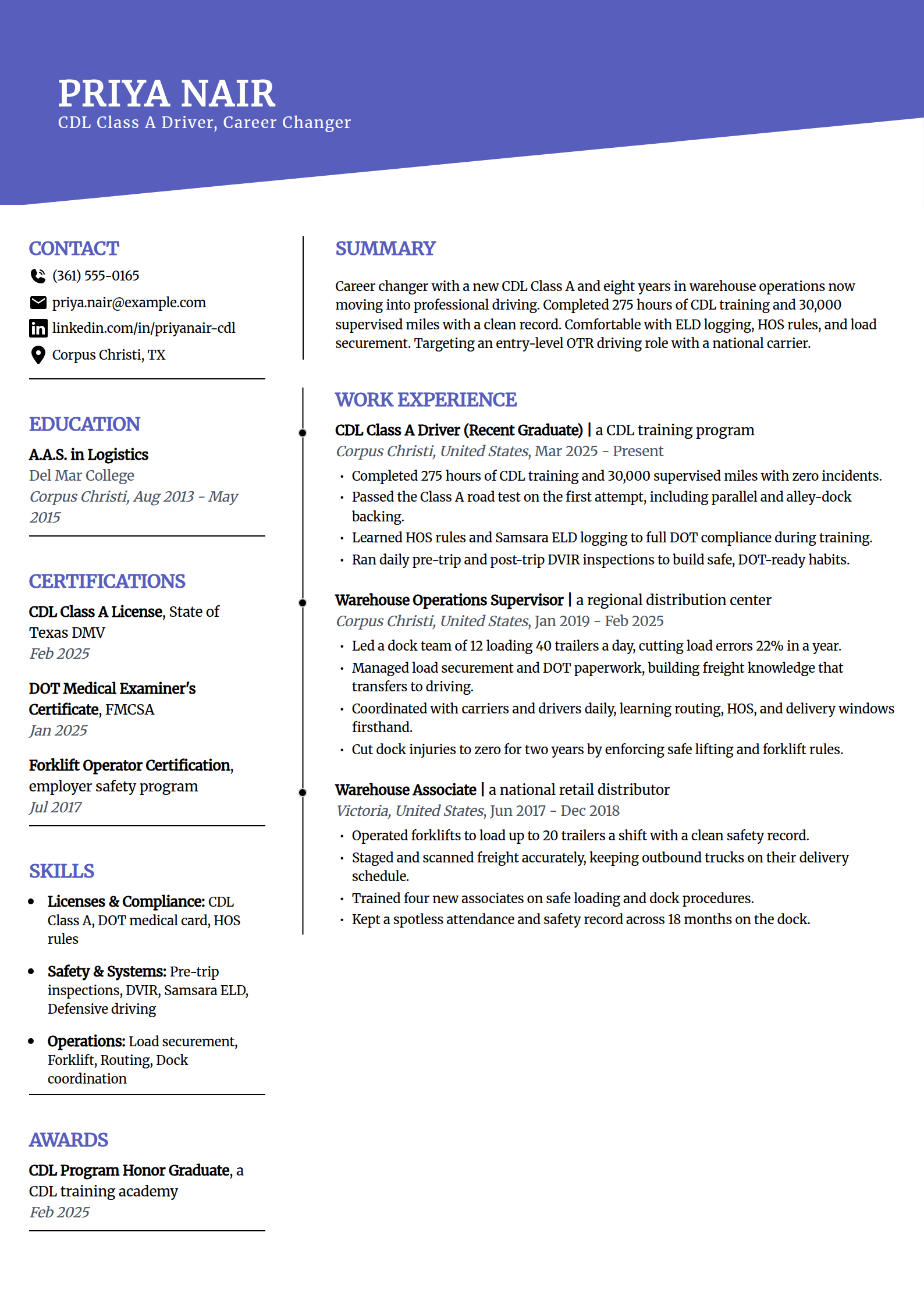 Career-change truck driver resume example in the Orbit template