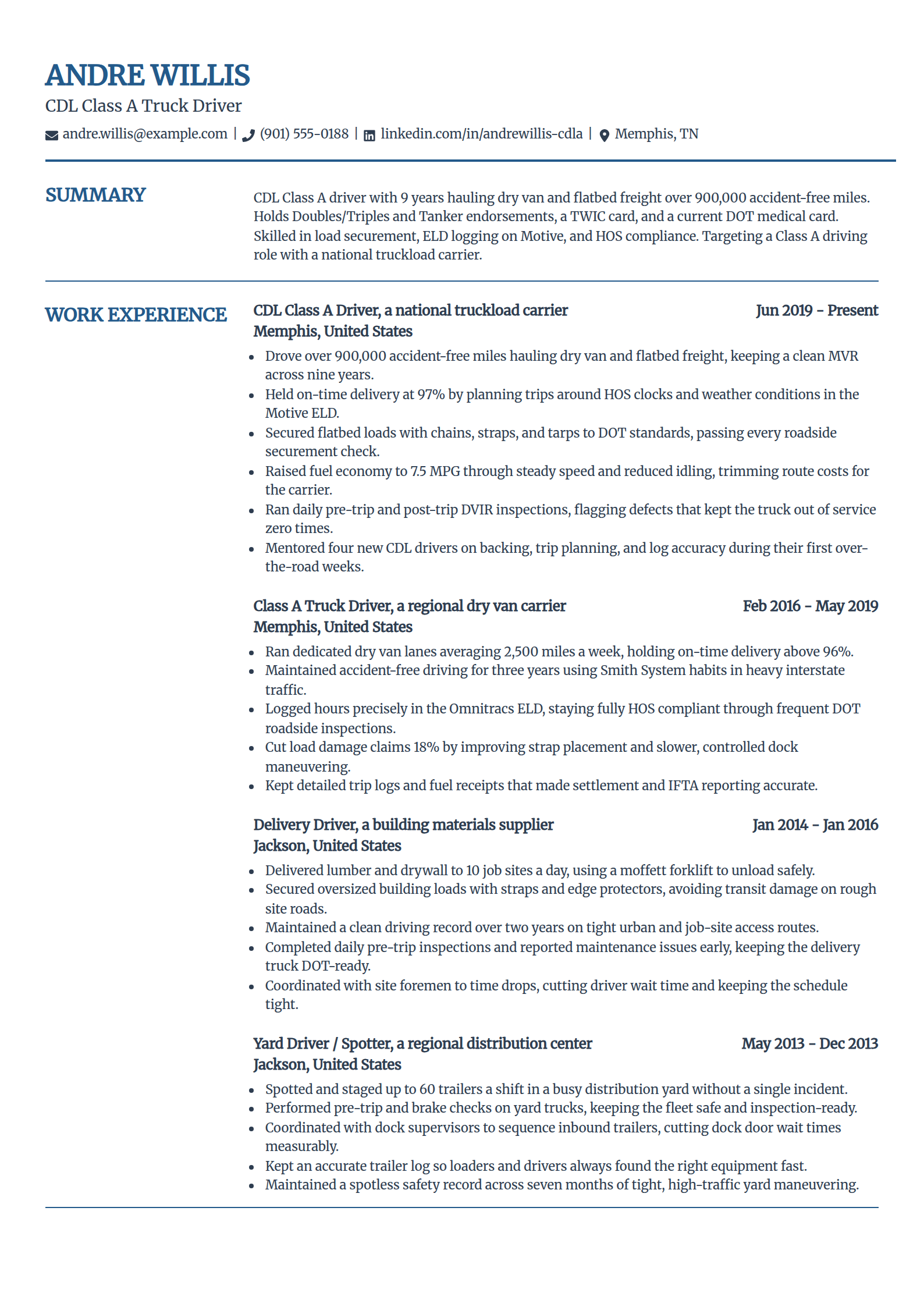 CDL Class A Driver resume example in the Craft template