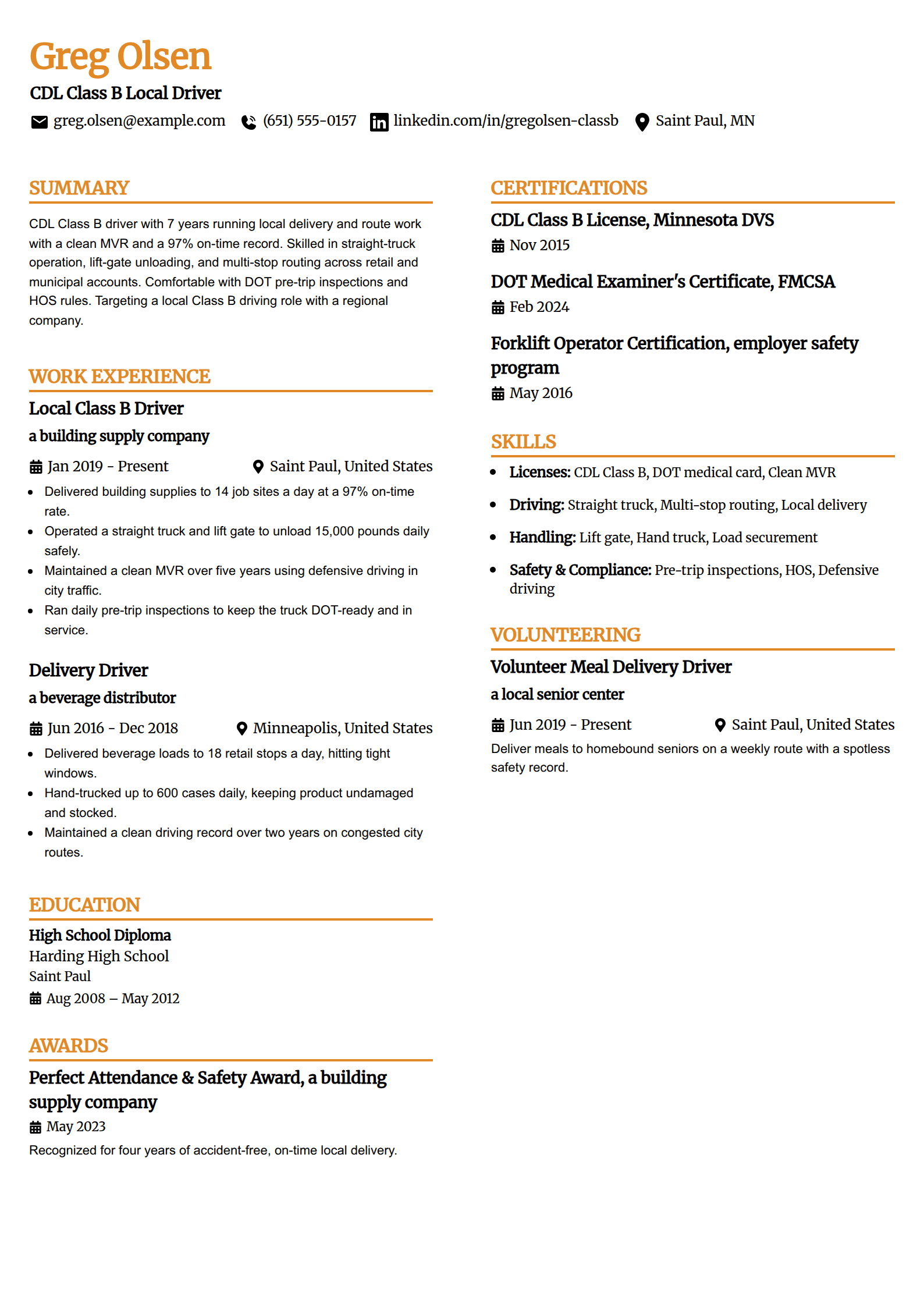 Class B Local CDL Driver resume example in the Professional Edge template