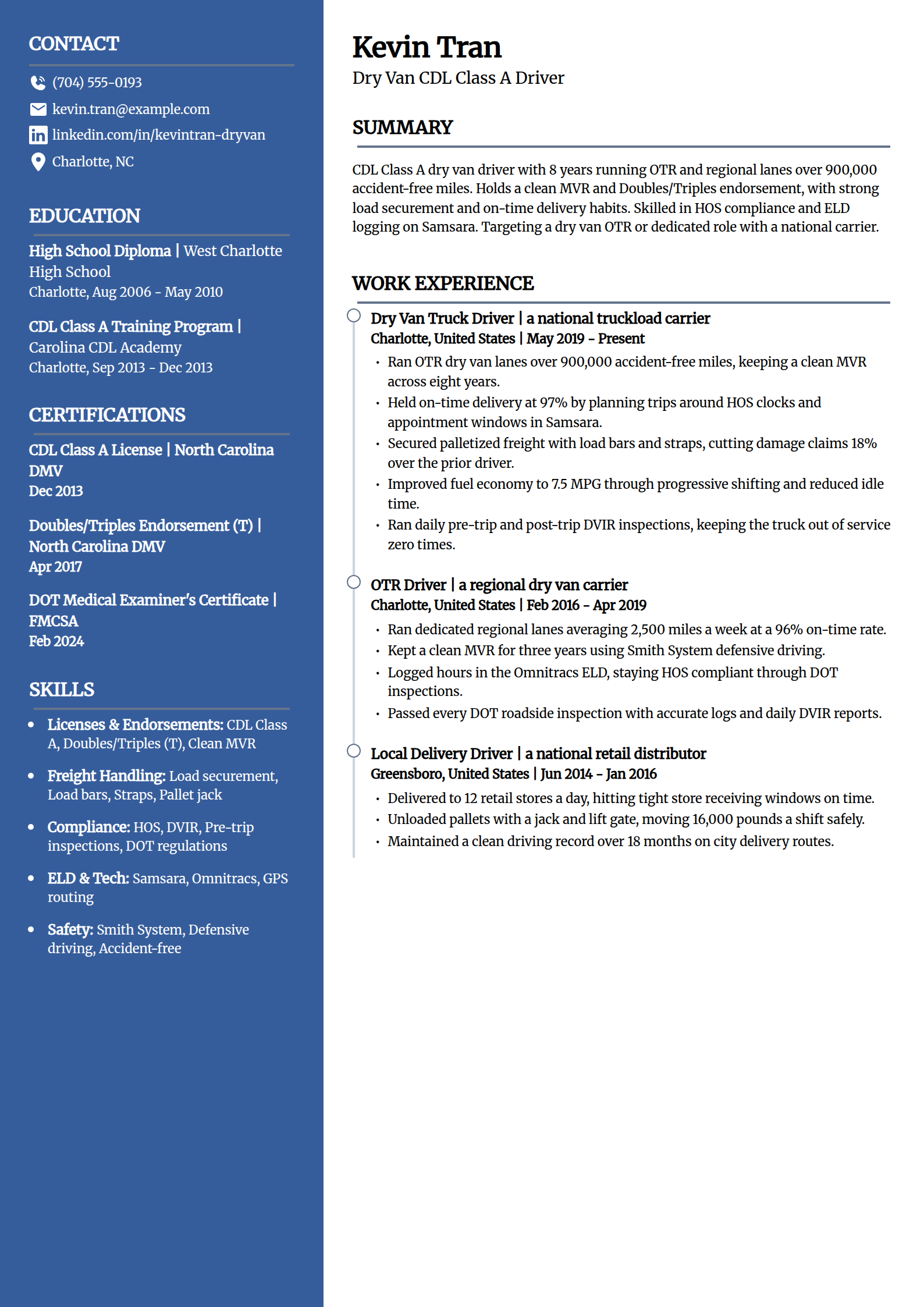 Dry Van Driver resume example in the Creative template