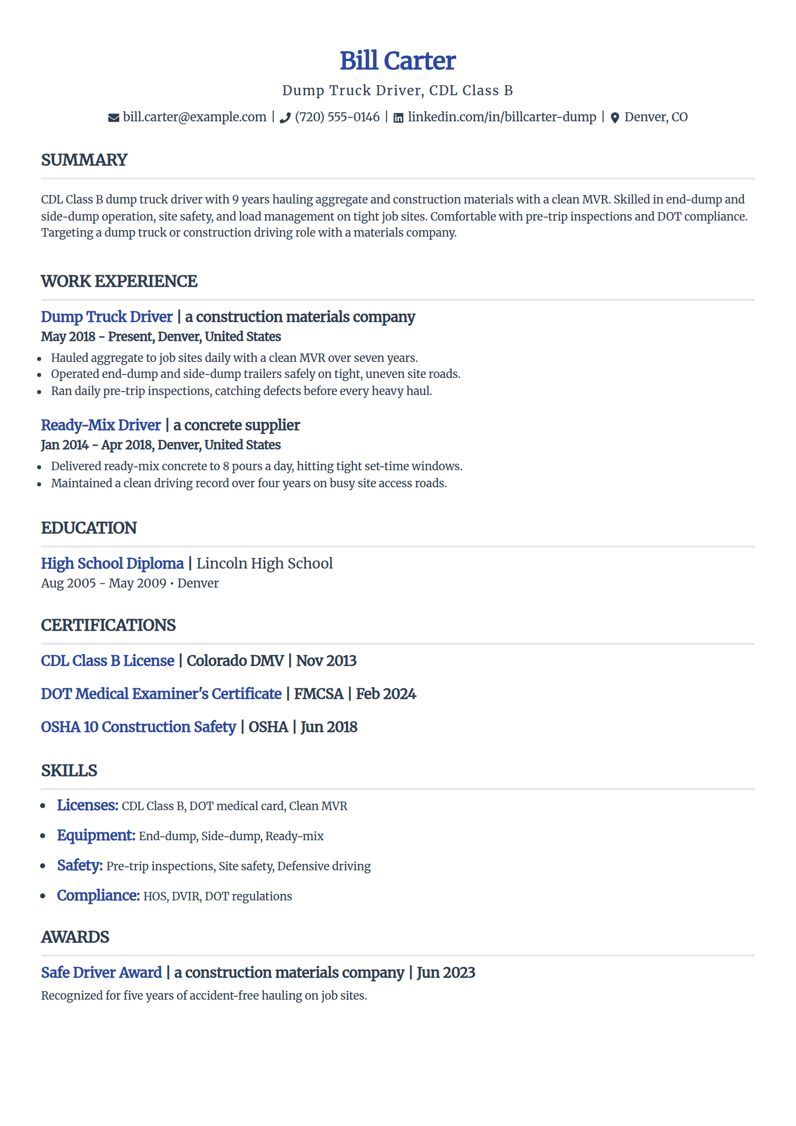 Dump Truck Driver resume example in the Simple template