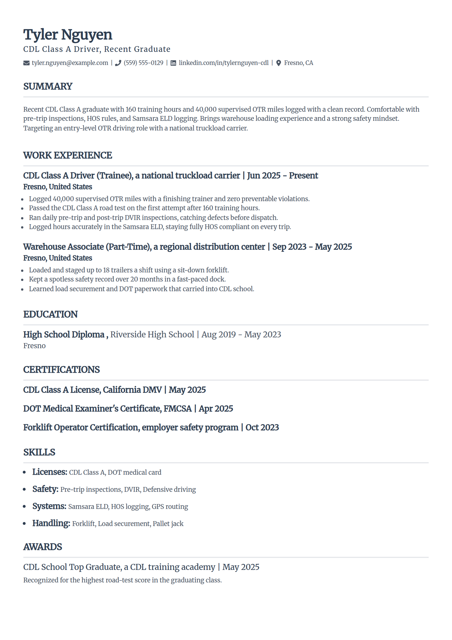 Entry-Level Recent CDL Grad resume example in the Classic template