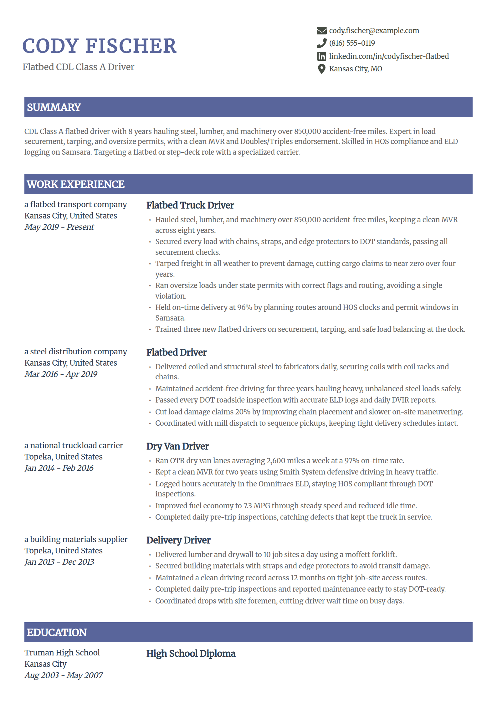 Flatbed Driver resume example in the Catalyst template