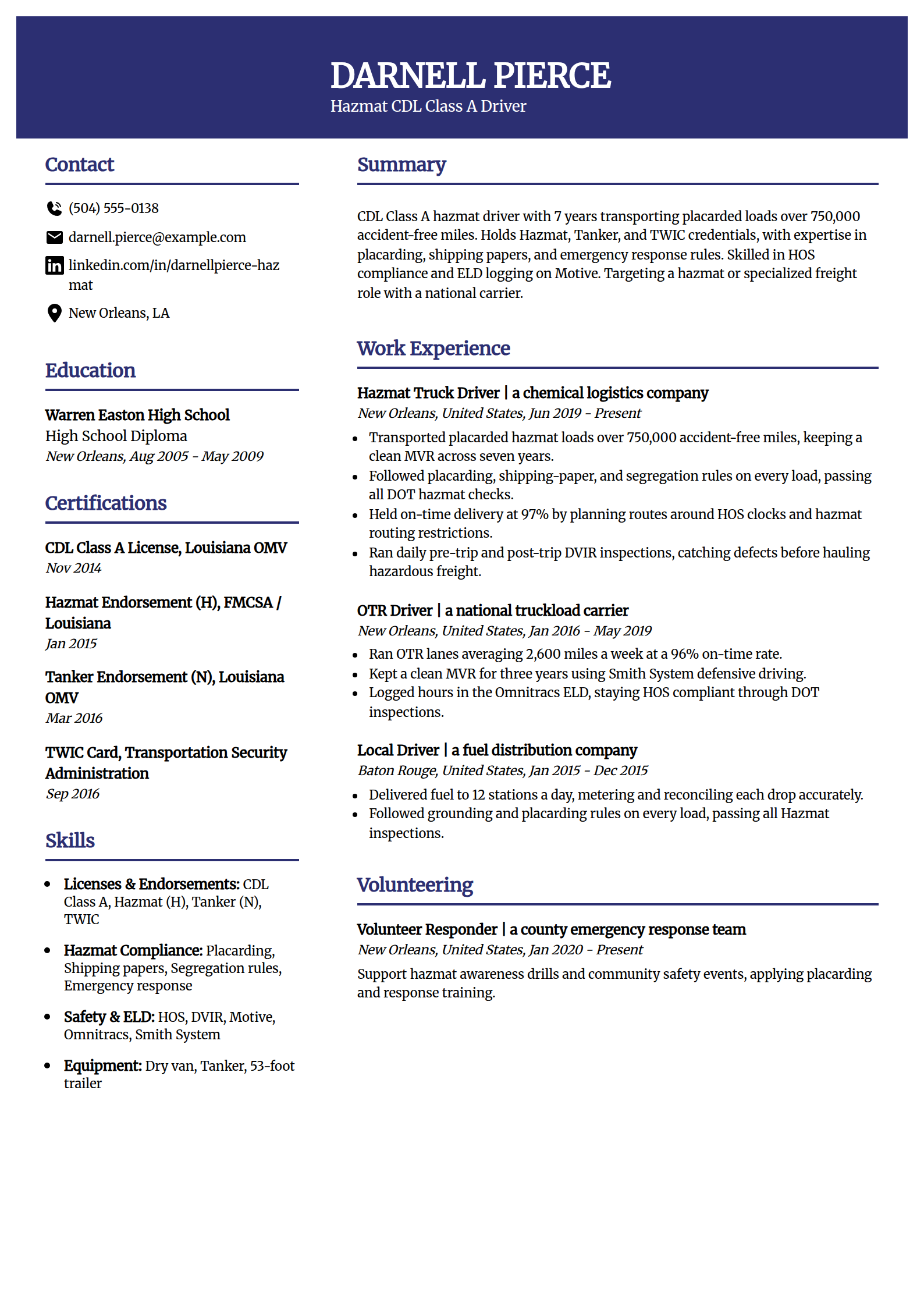 Hazmat Driver resume example in the Visionary template
