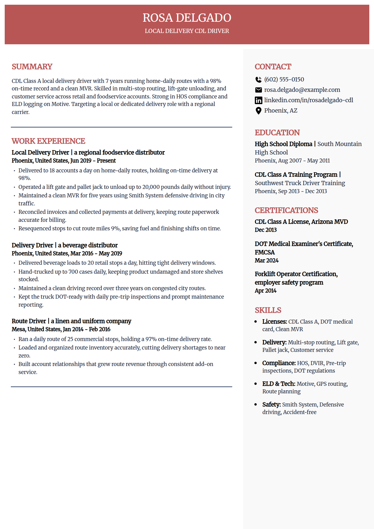 Local Delivery Truck Driver resume example in the Executive template