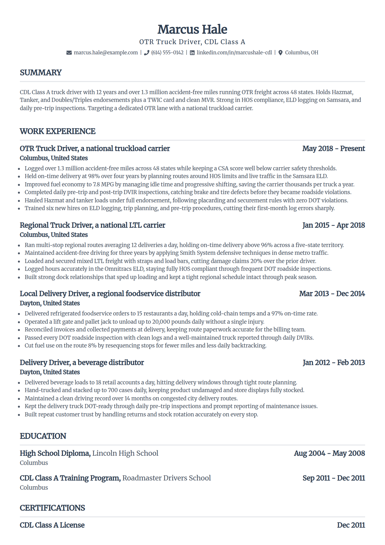 Experienced OTR Truck Driver resume example in the Standard template
