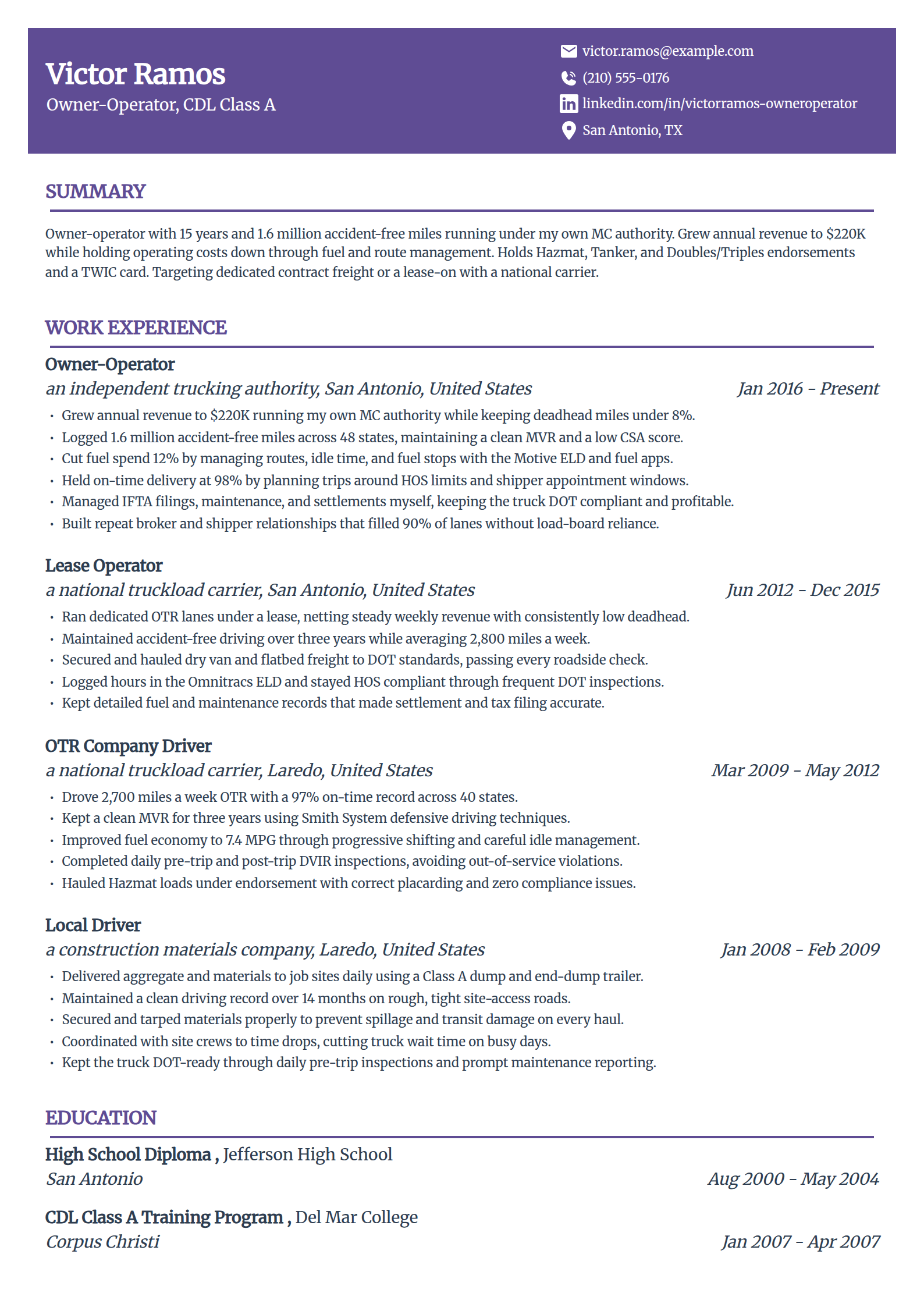 Owner-Operator resume example in the Panorama template