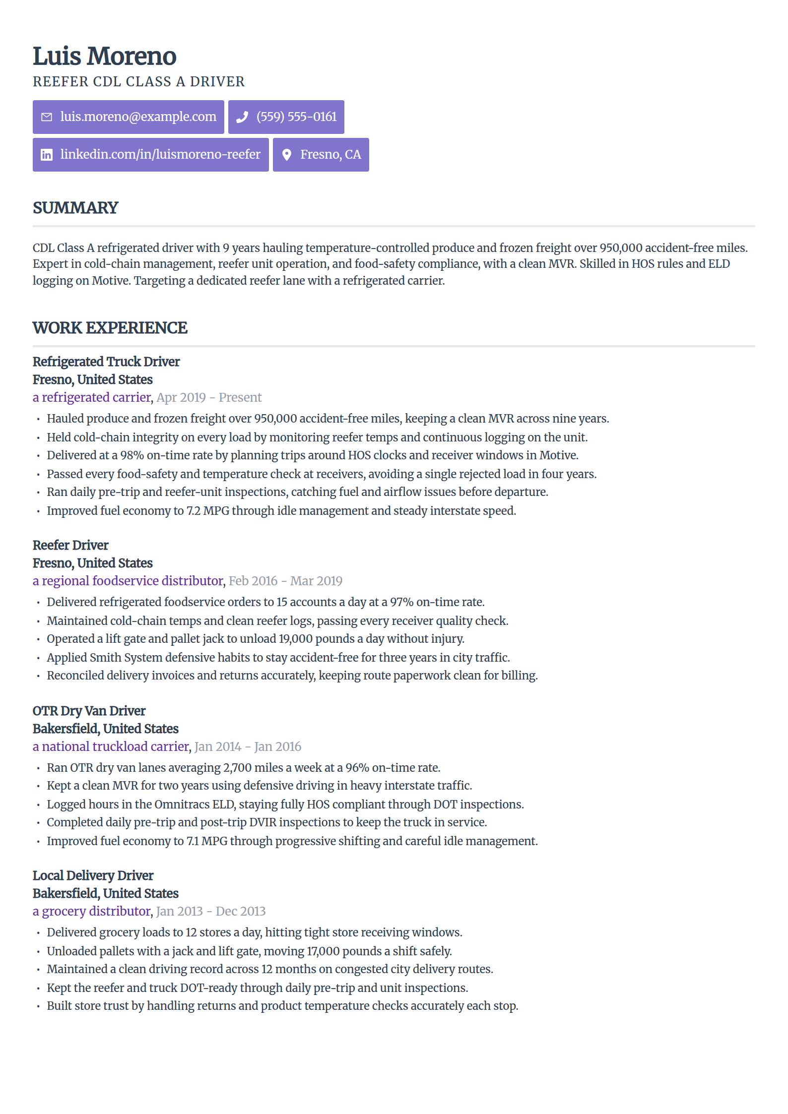 Refrigerated Reefer Driver resume example in the Sleek Framework template