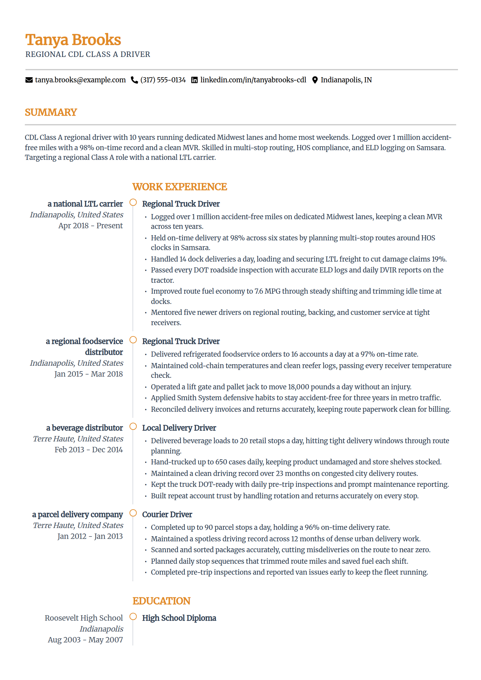 Regional Truck Driver resume example in the Zenith template