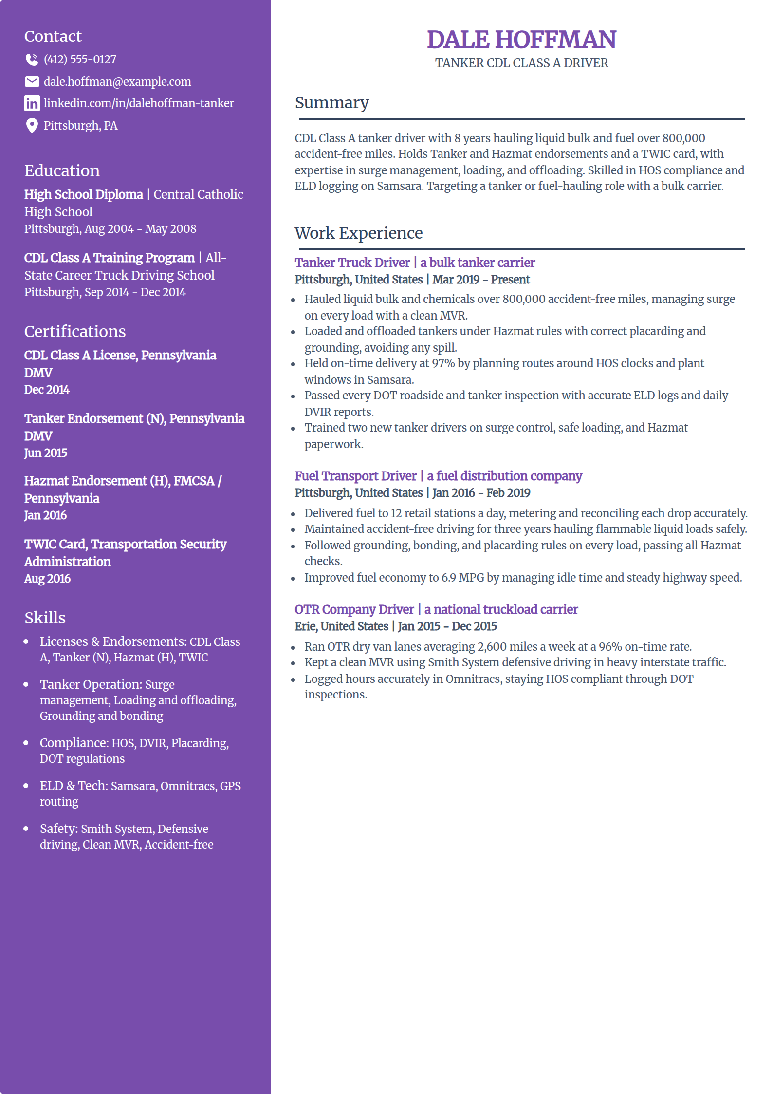 Tanker Driver resume example in the Pioneer template