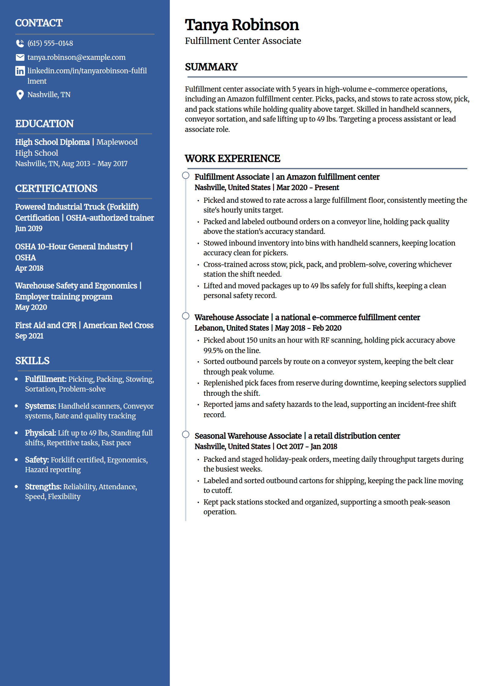 Amazon fulfillment center associate resume example in the Creative template