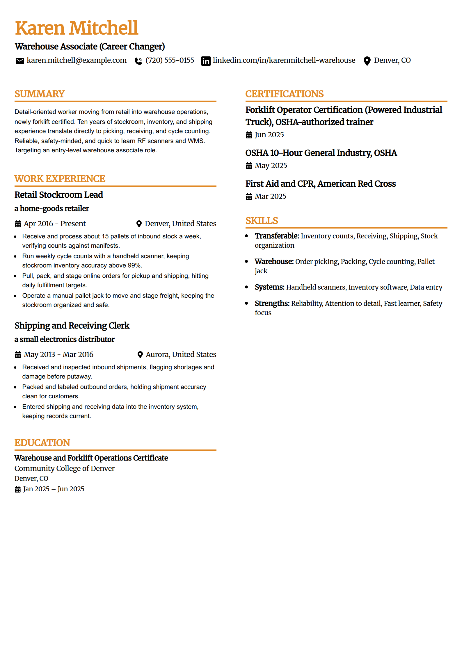 Career-change warehouse resume example in the Professional Edge template