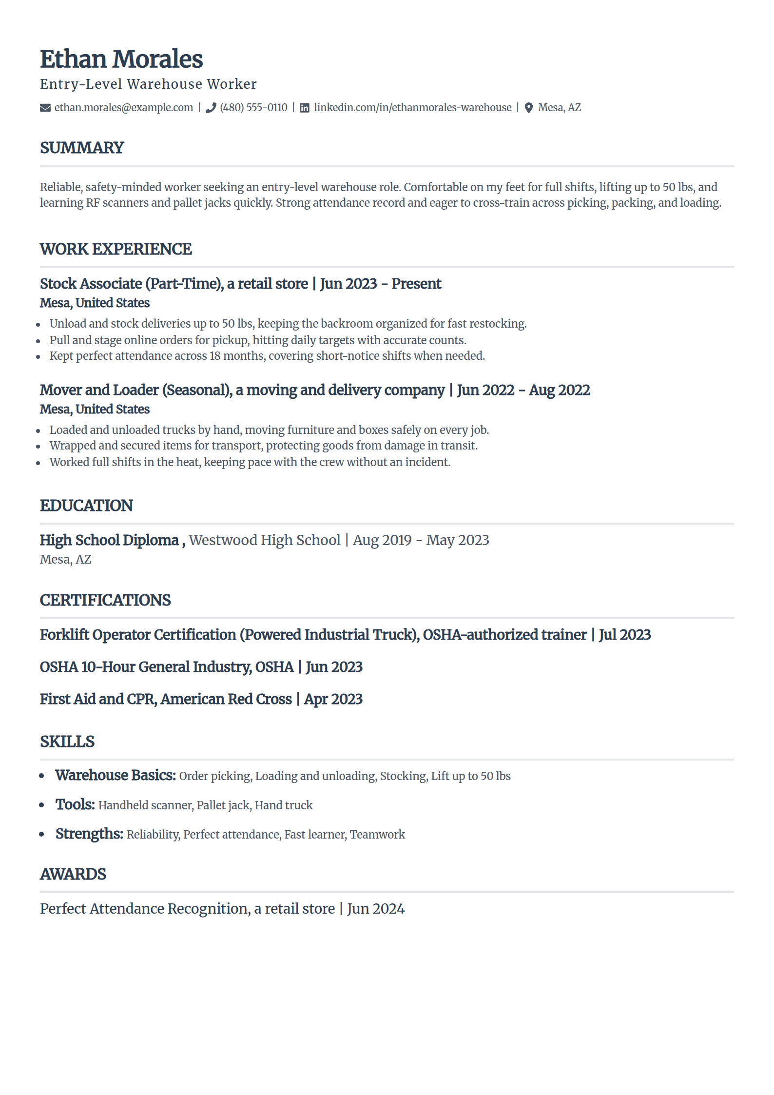 Entry-level warehouse worker resume example in the Classic template