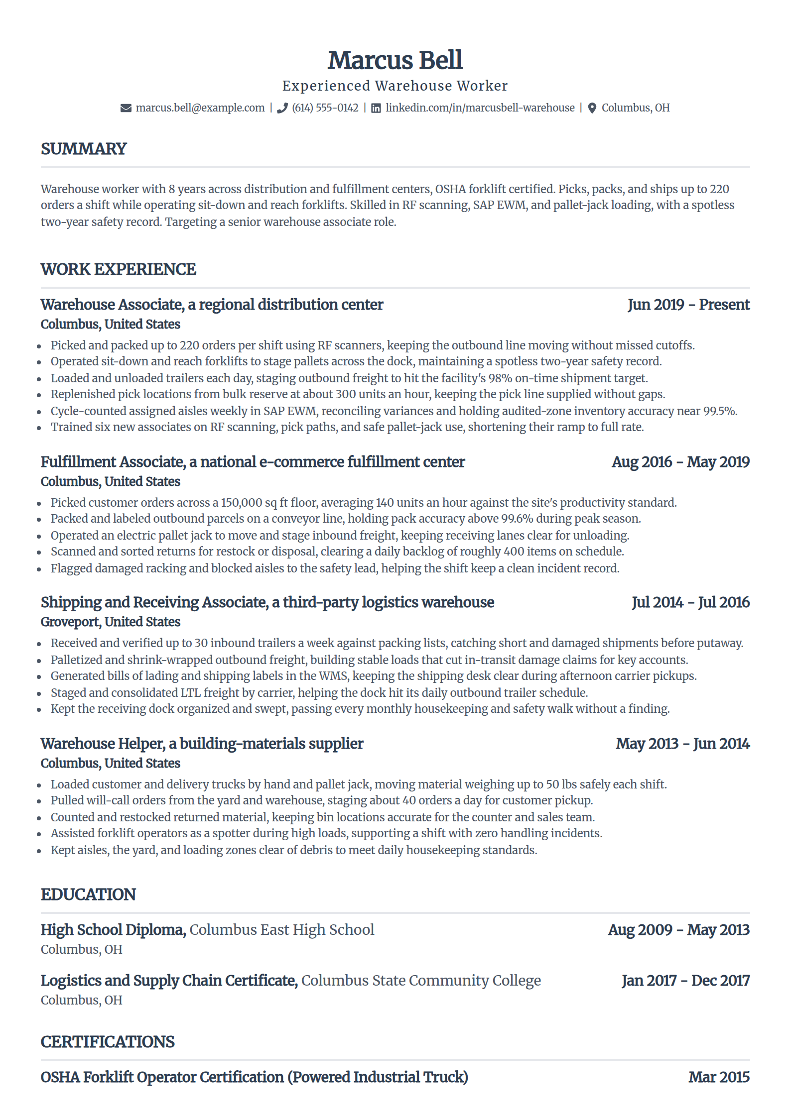Experienced warehouse worker resume example in the Standard template