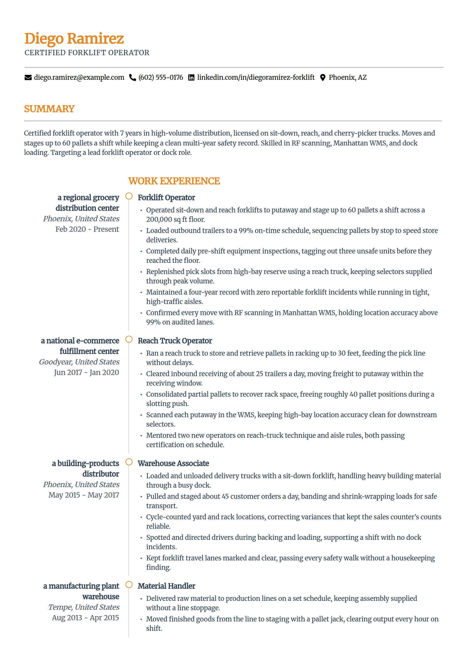 Forklift operator resume example in the Zenith template