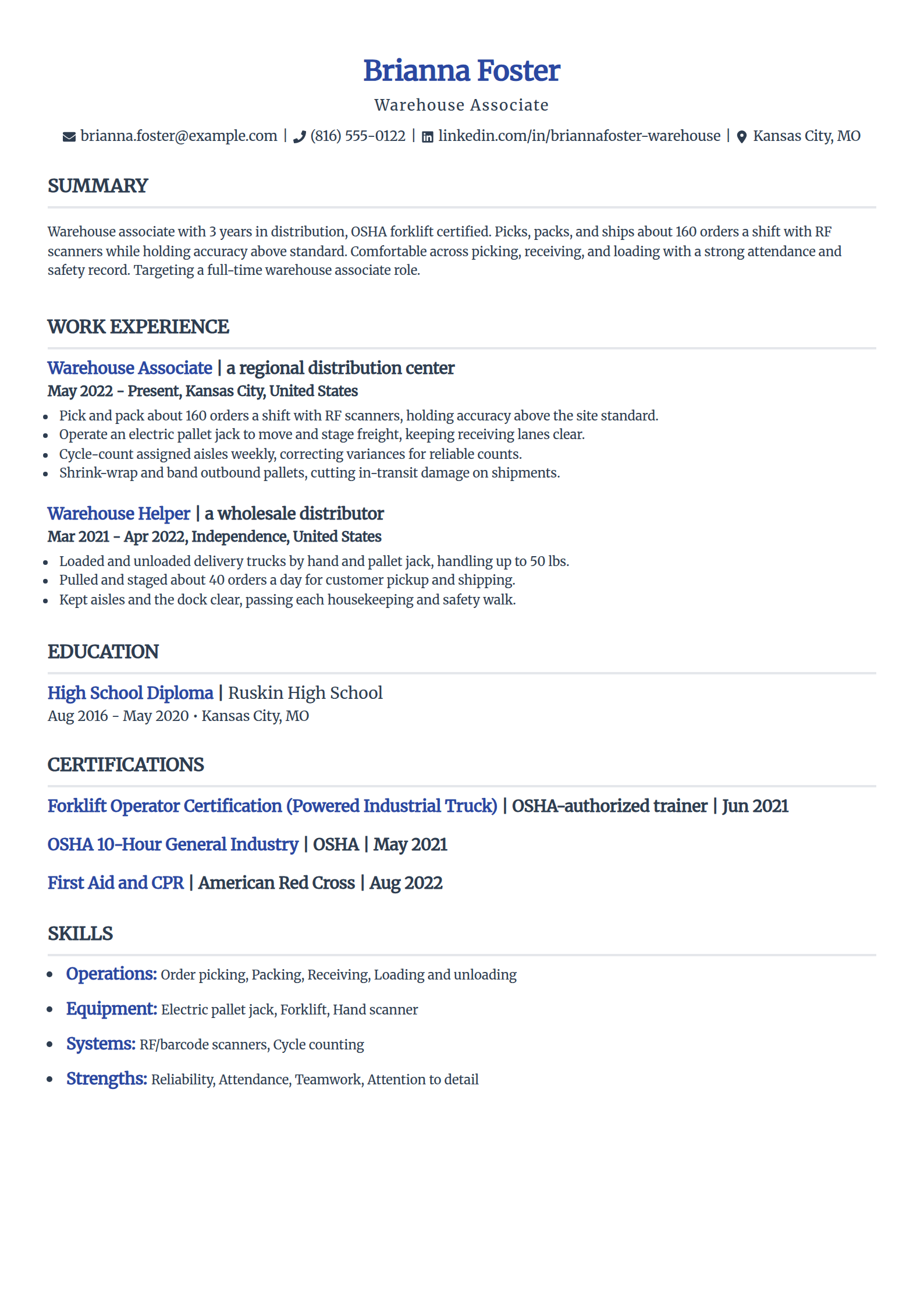 General warehouse associate resume example in the Simple template