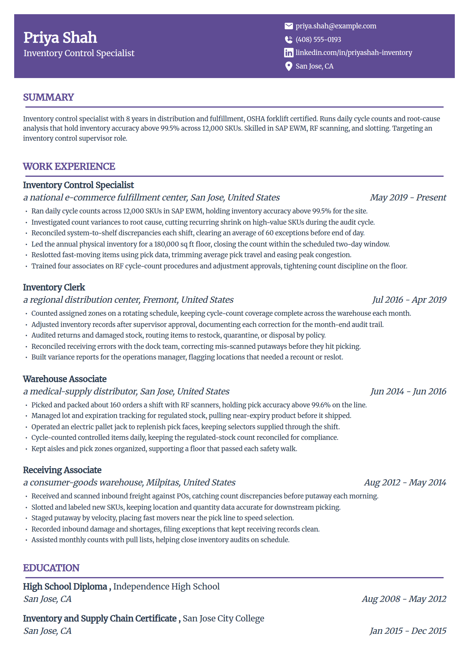 Inventory control and cycle counter resume example in the Panorama template