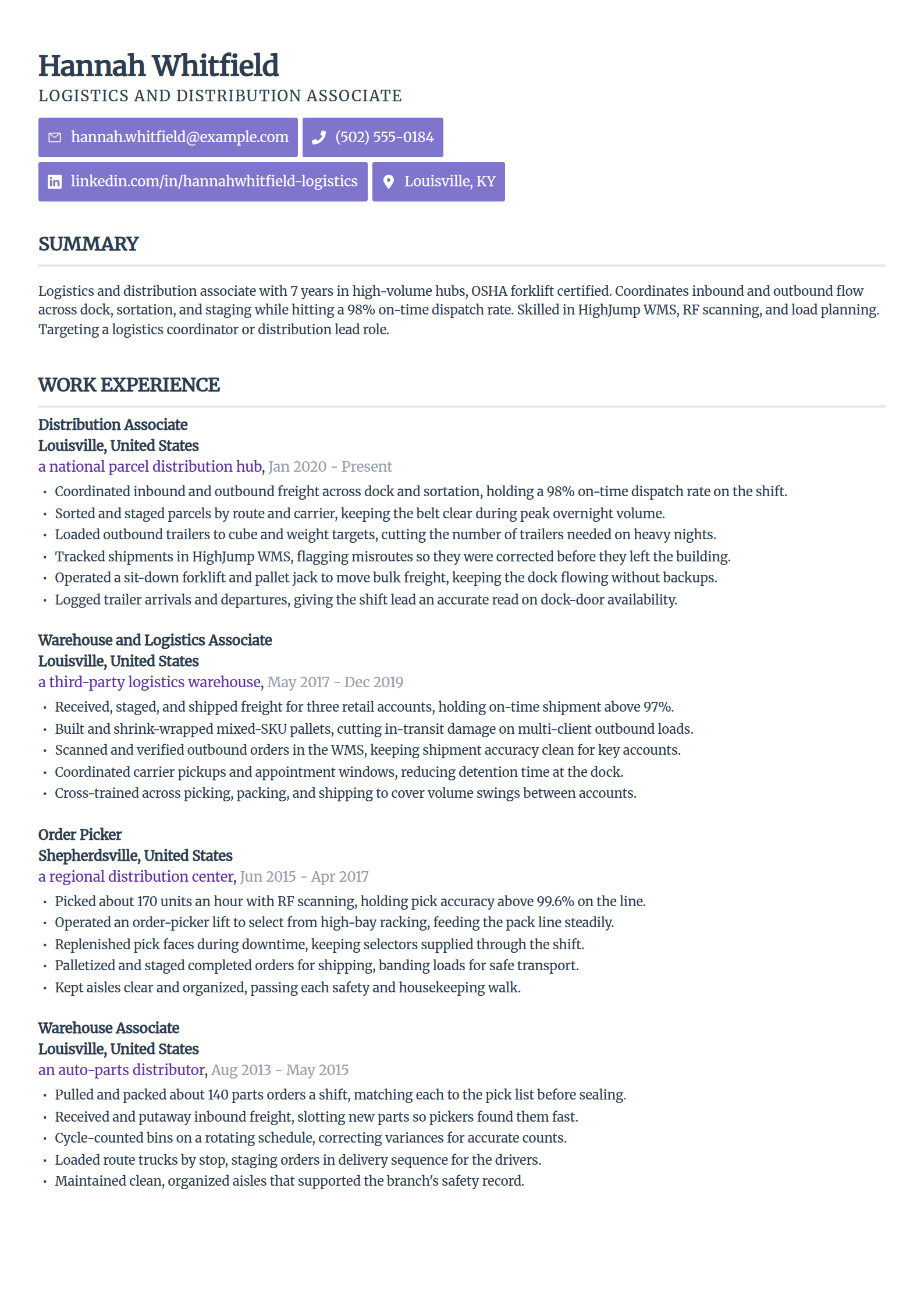 Logistics and distribution associate resume example in the Sleek Framework template