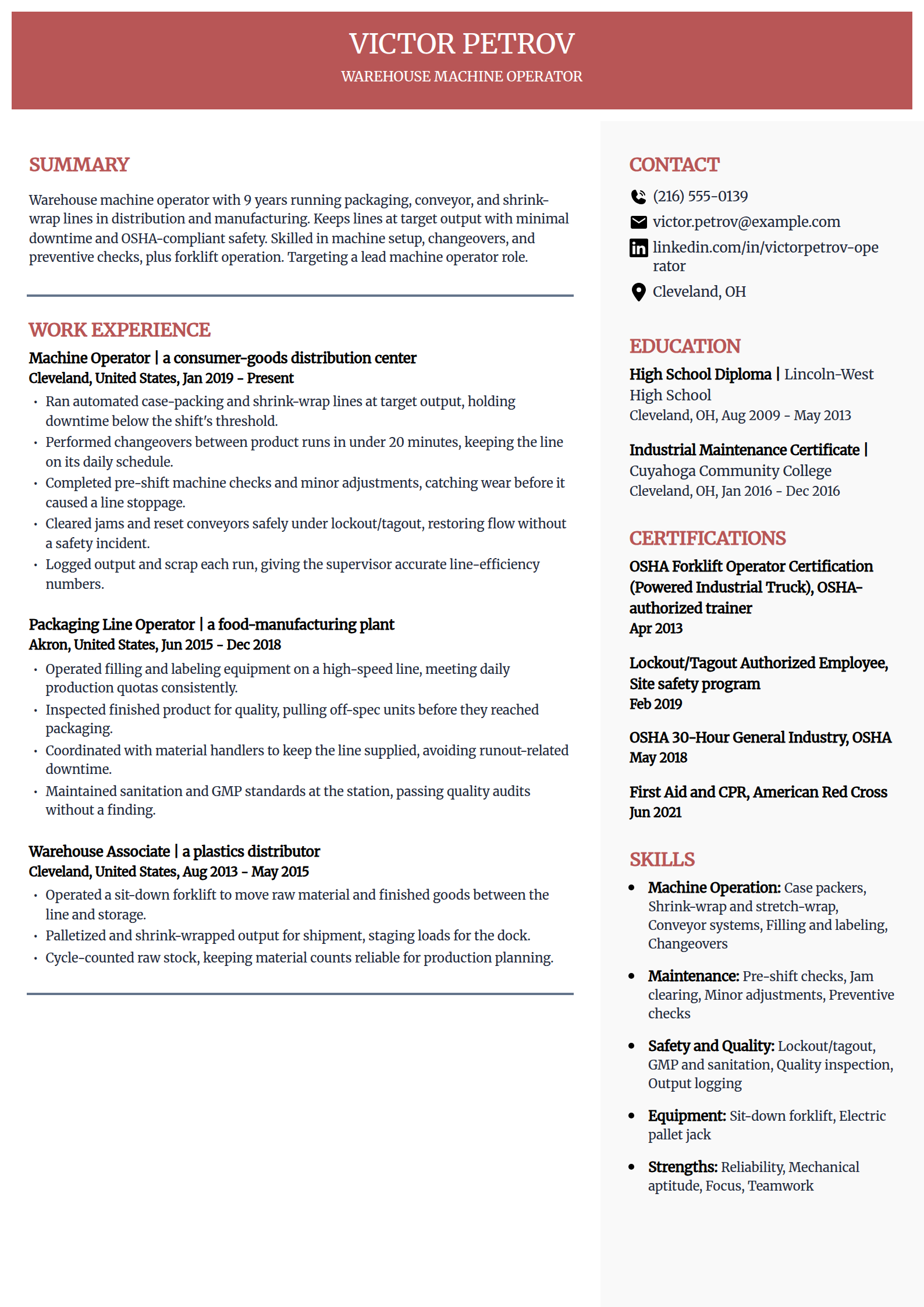 Warehouse machine operator resume example in the Executive template