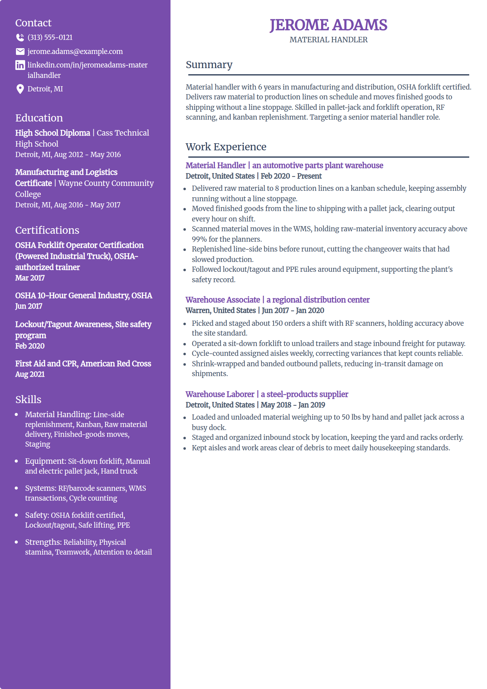 Material handler resume example in the Pioneer template