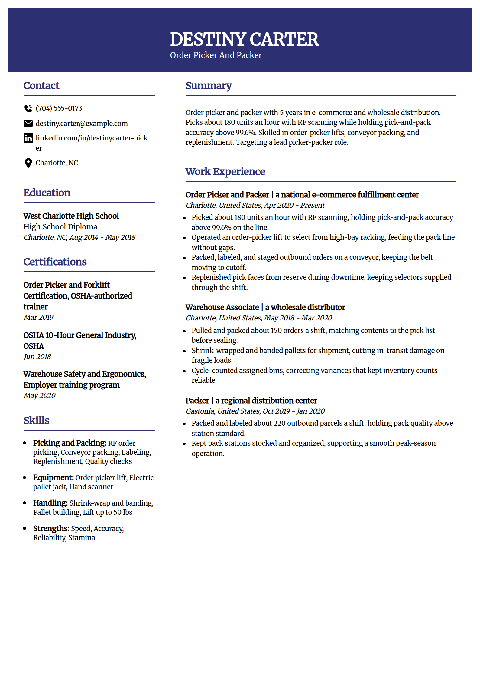 Order picker and packer resume example in the Visionary template