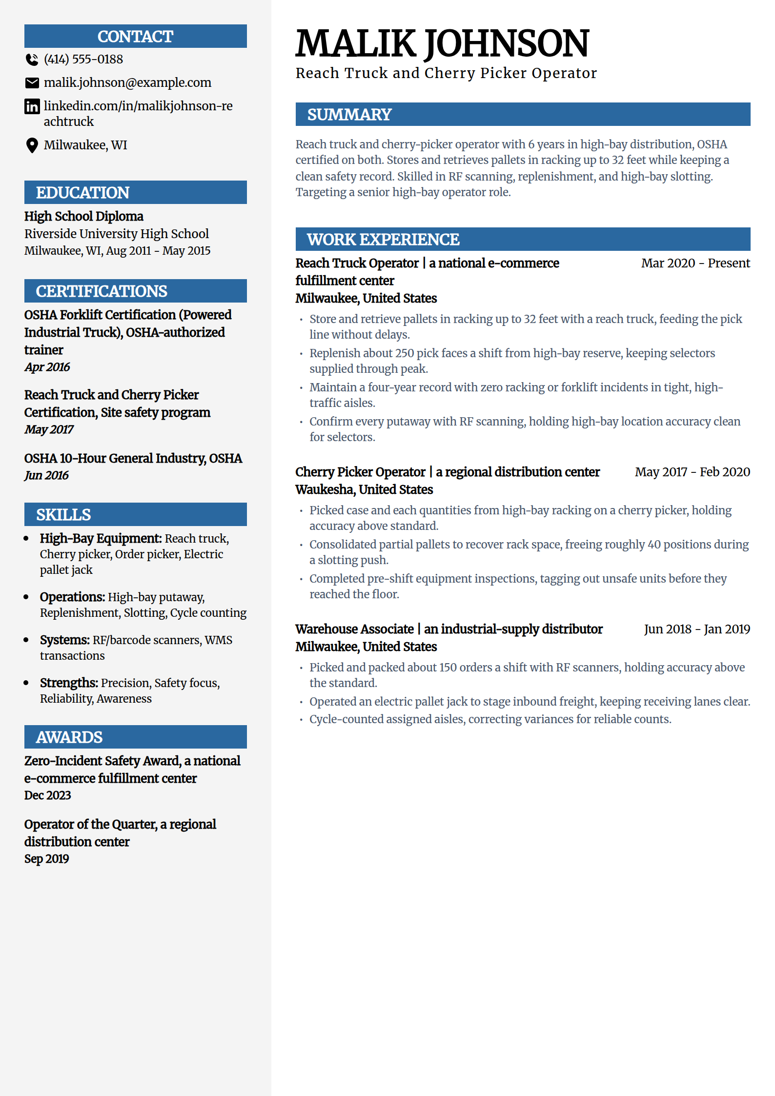 Reach truck and cherry picker operator resume example in the Mosaic template
