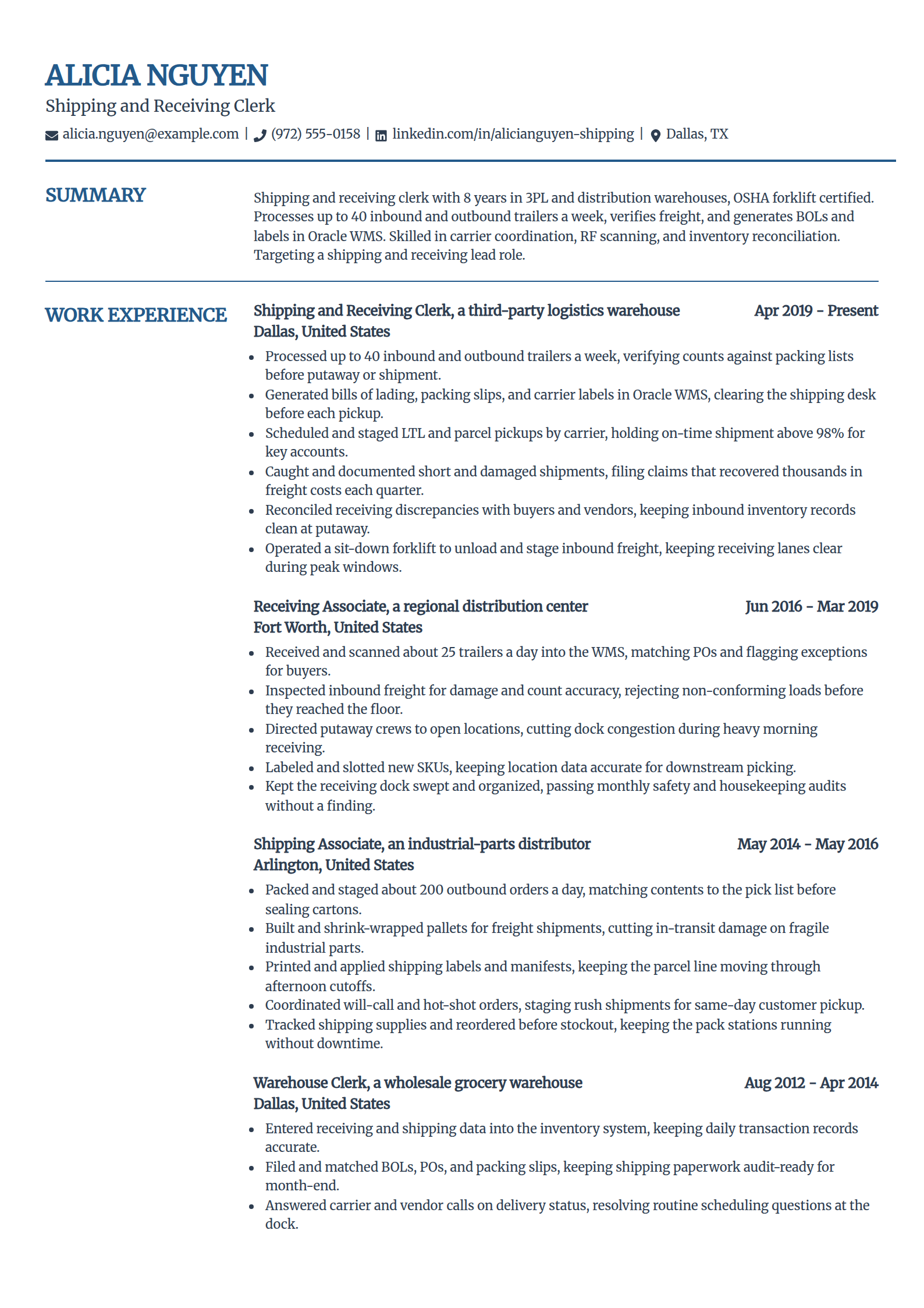 Shipping and receiving clerk resume example in the Craft template