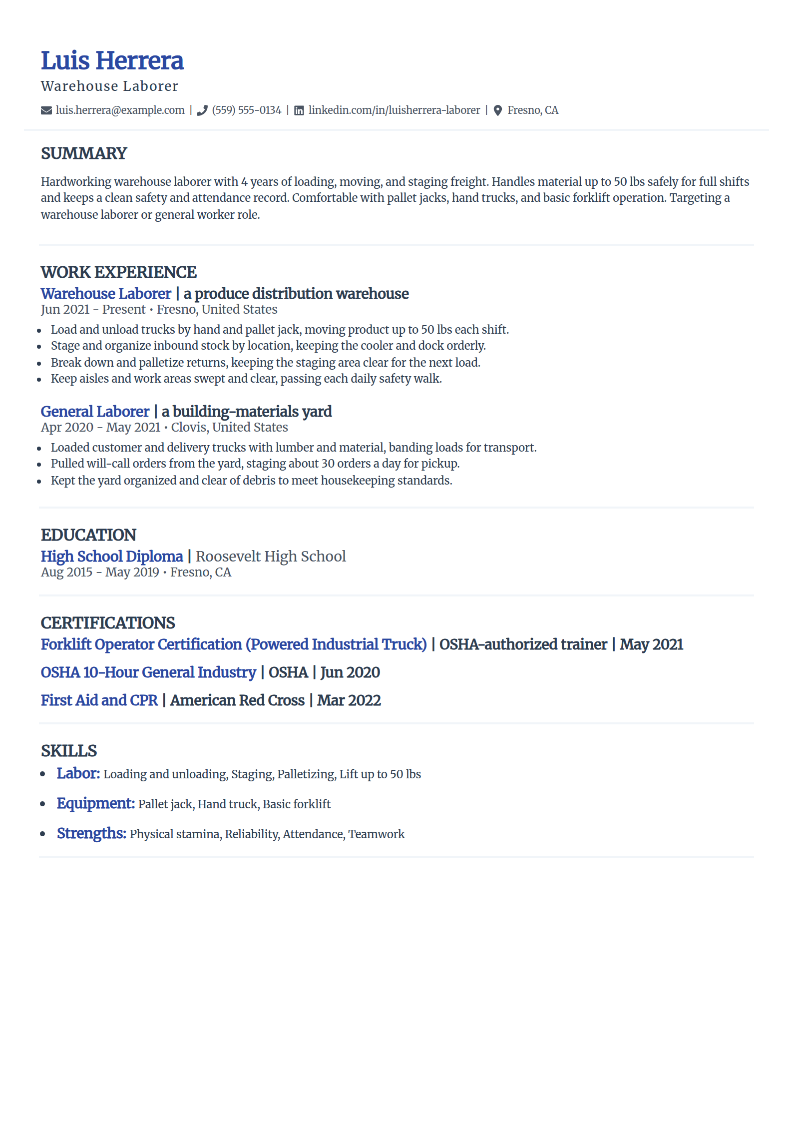 Warehouse laborer resume example in the Elegant template