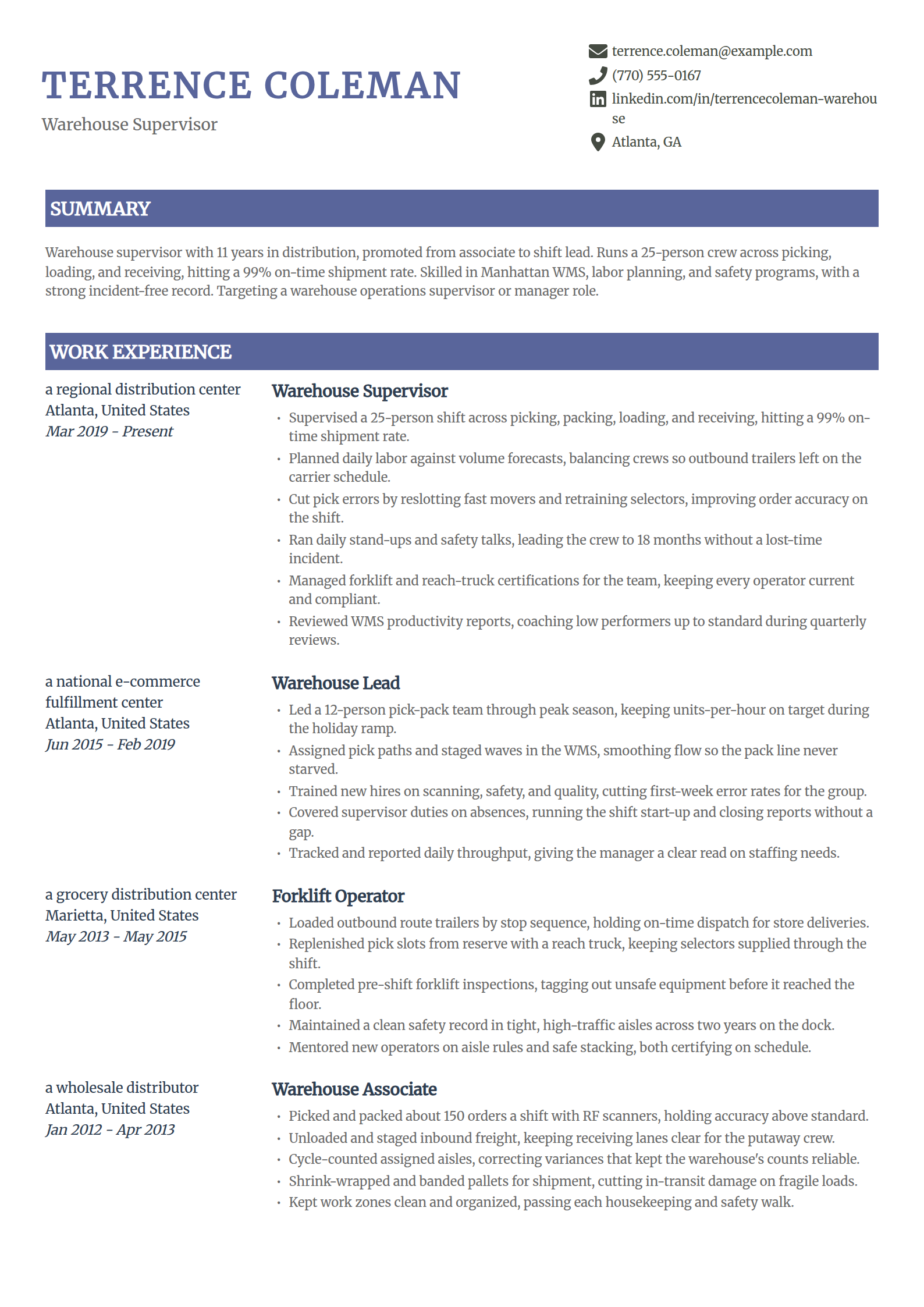 Warehouse supervisor resume example in the Catalyst template