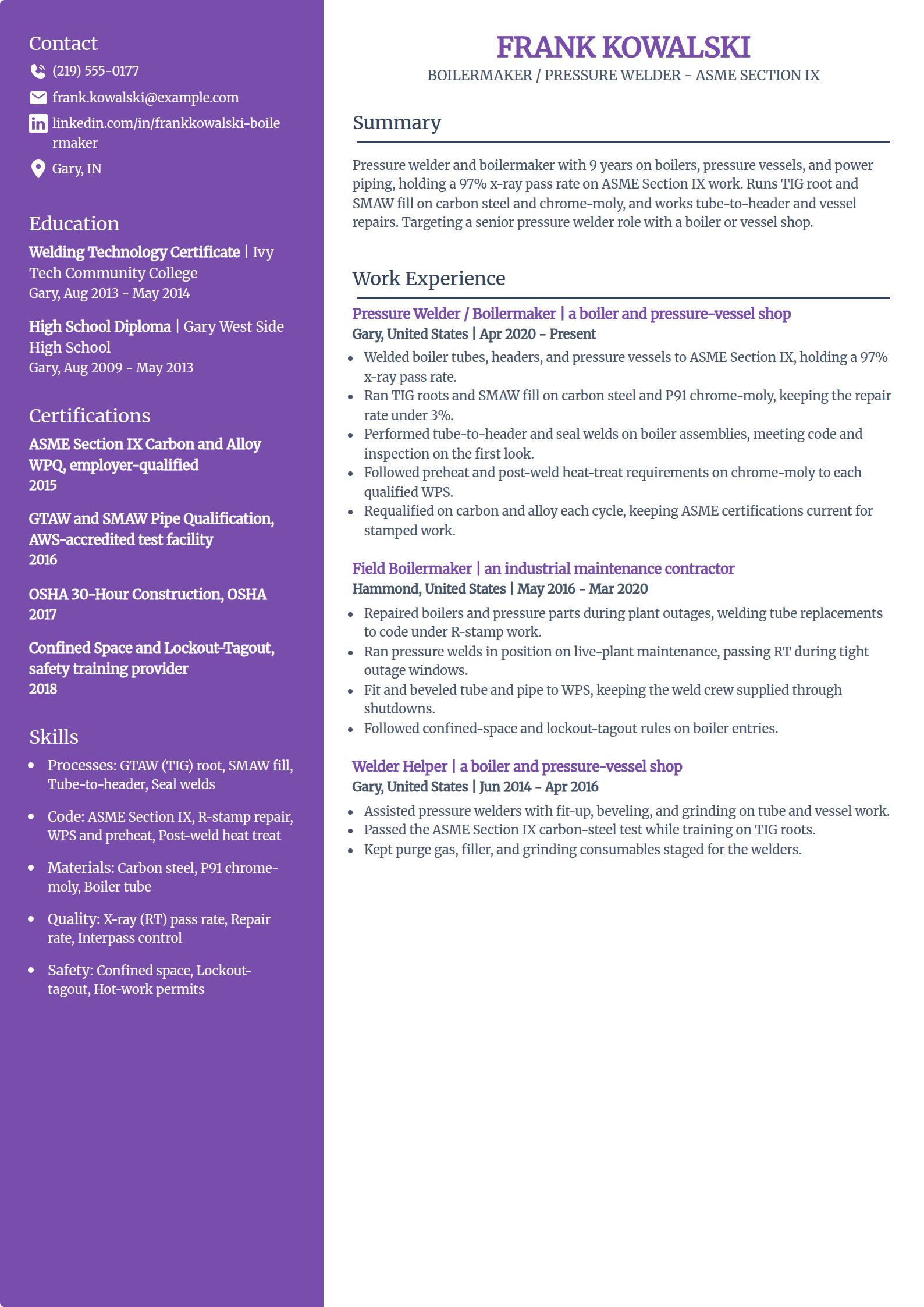 Boilermaker and pressure welder resume example in the Pioneer template