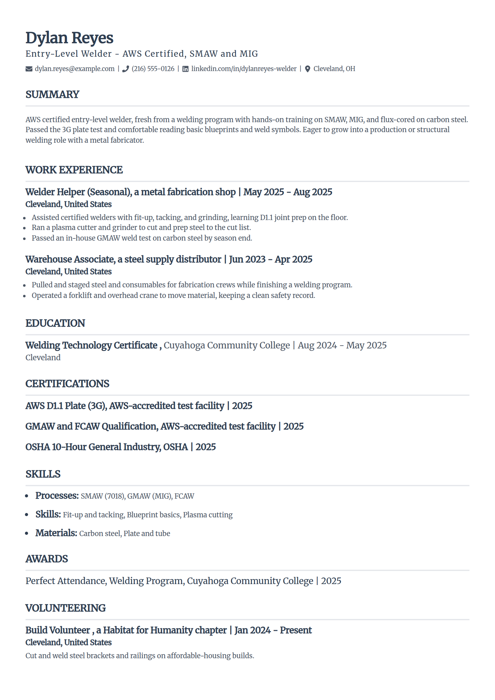 Entry-level welder resume example in the Classic template