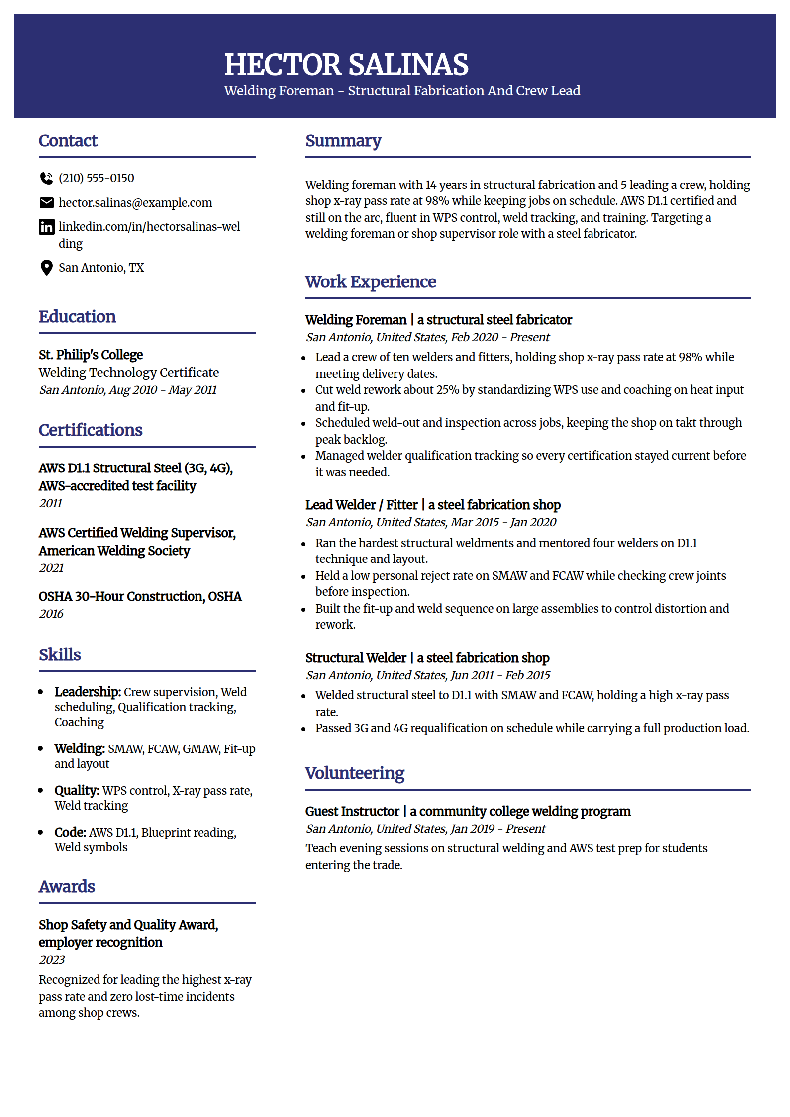 Welding foreman resume example in the Visionary template