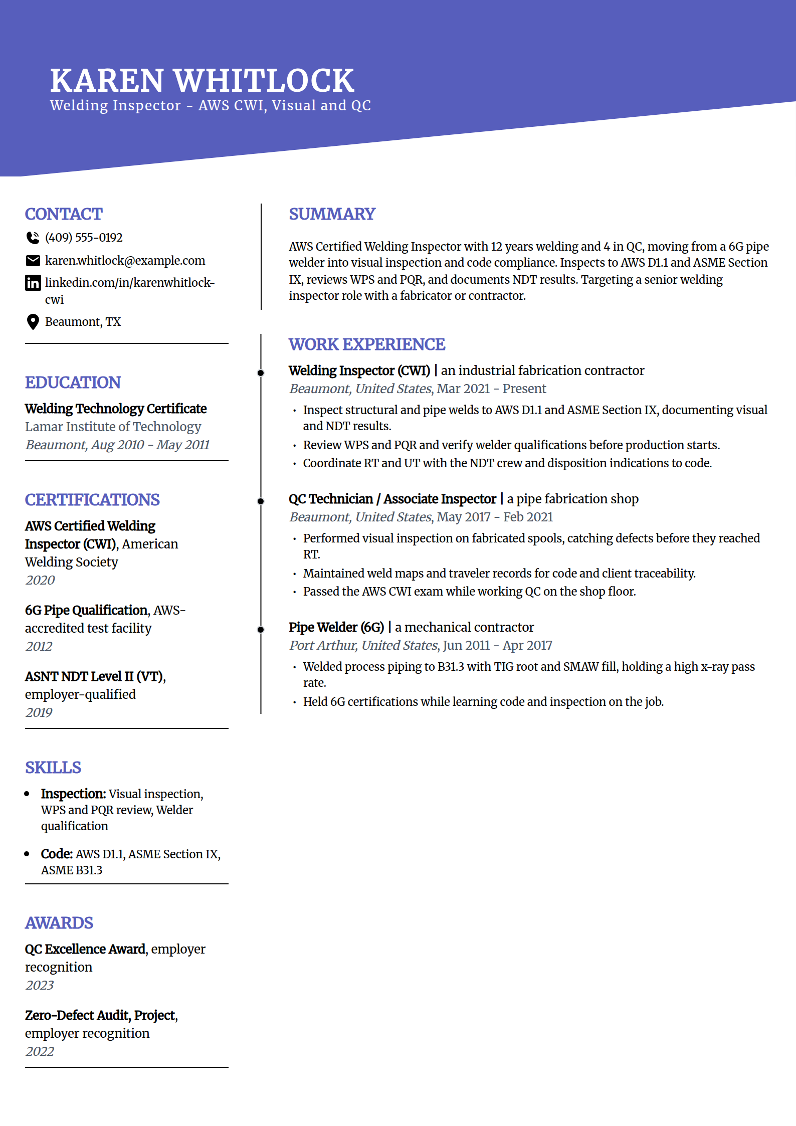 Welding inspector and CWI resume example in the Orbit template