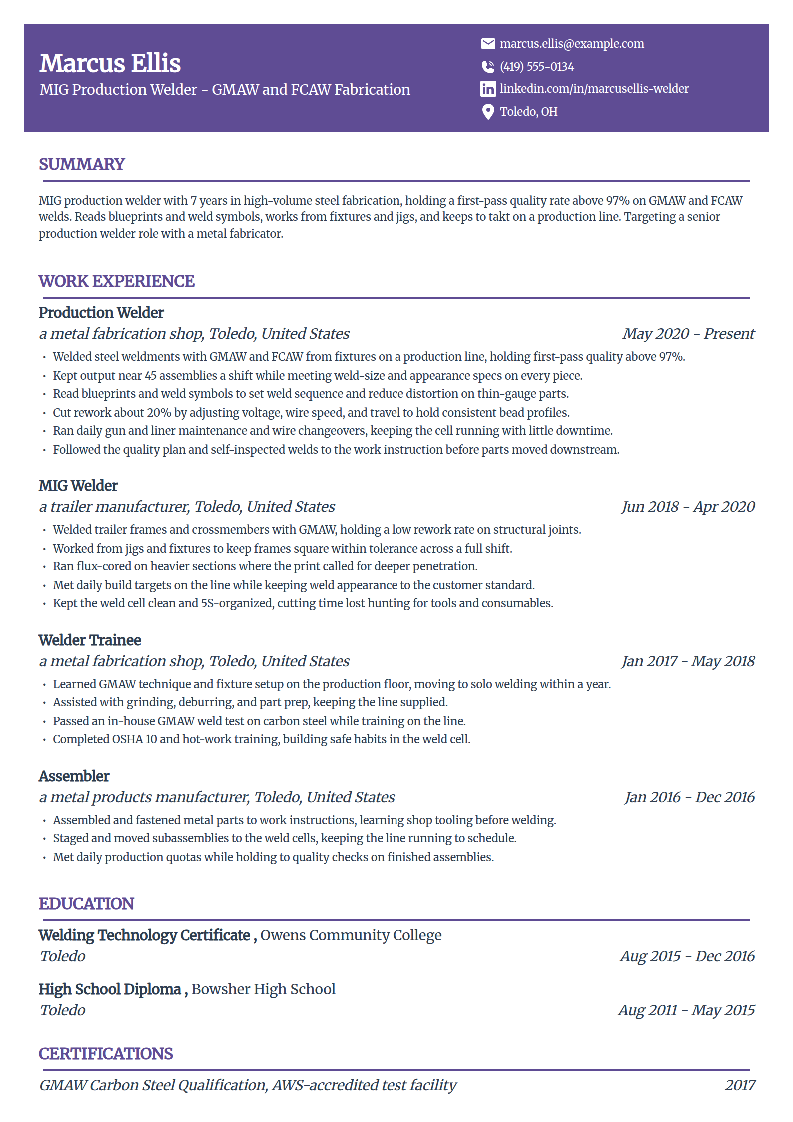 MIG production welder resume example in the Panorama template
