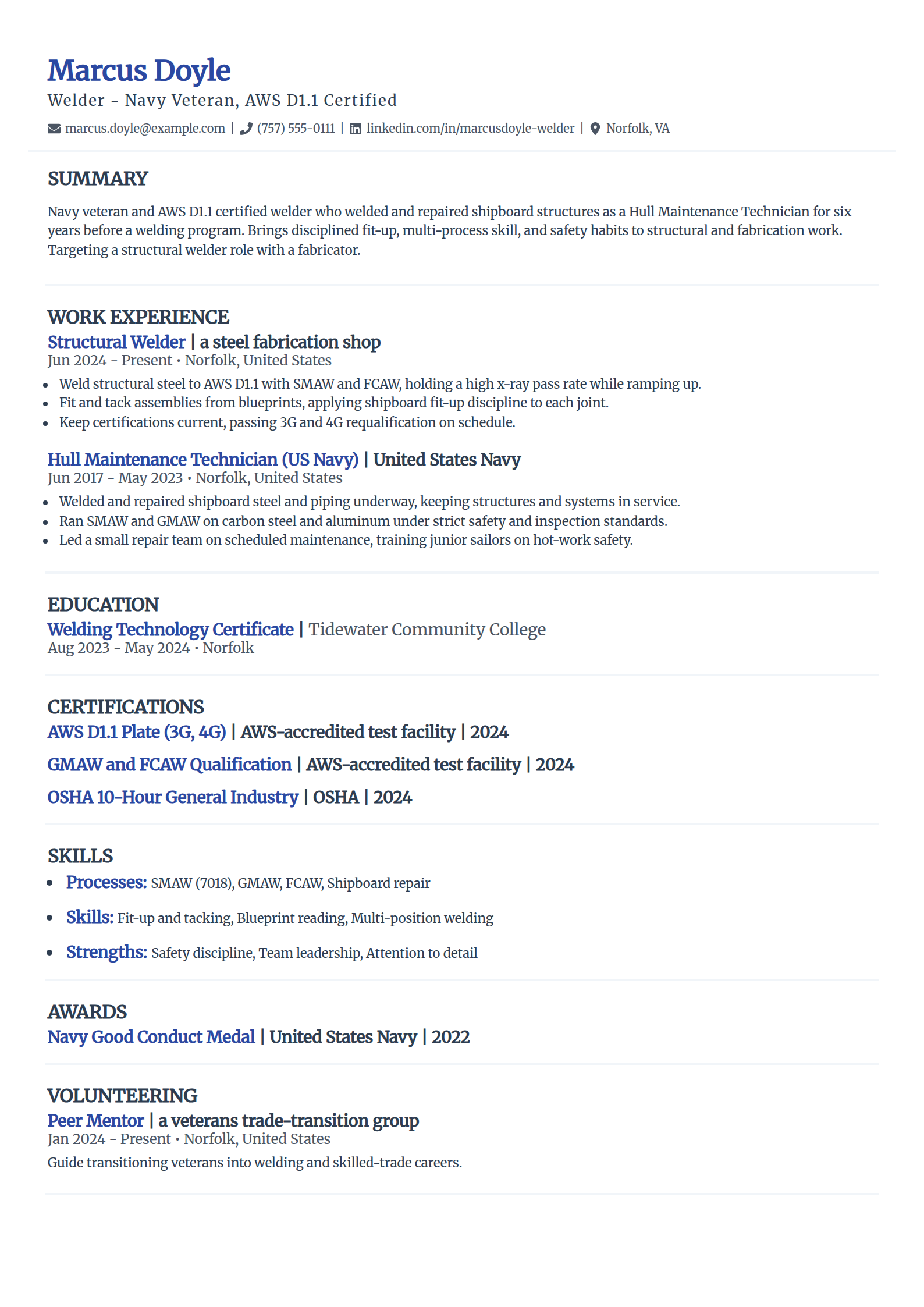 Military-to-welding career-change resume example in the Elegant template