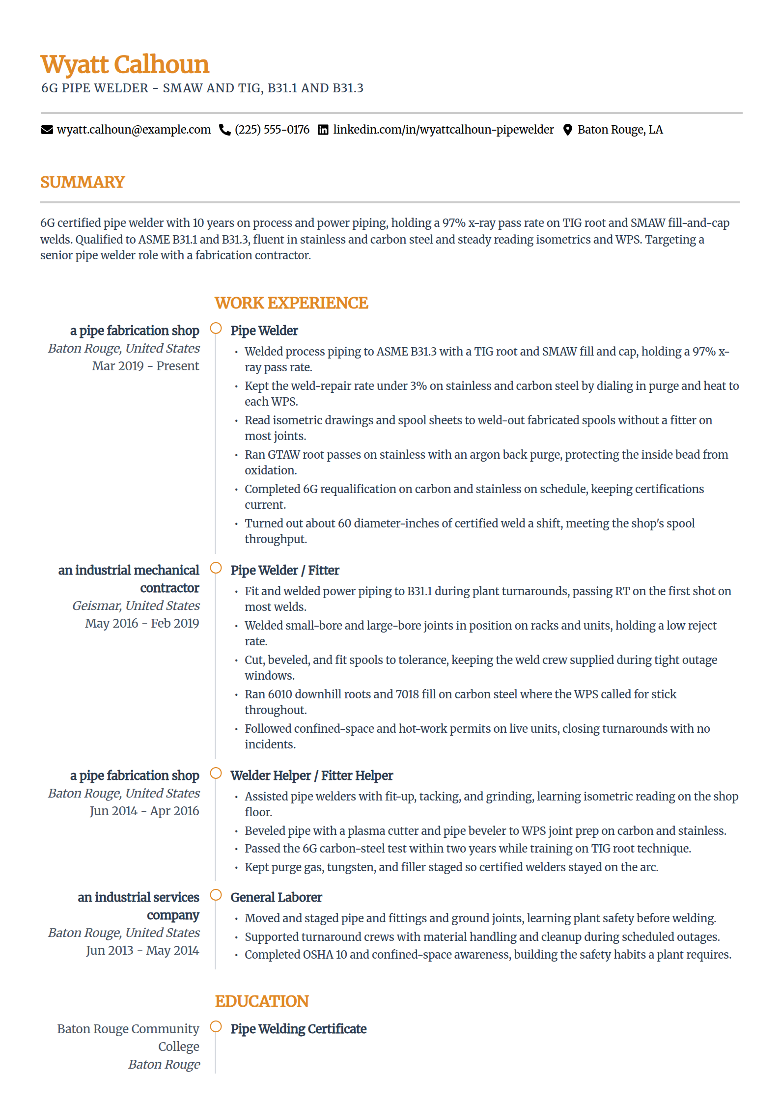 6G pipe welder resume example in the Zenith template