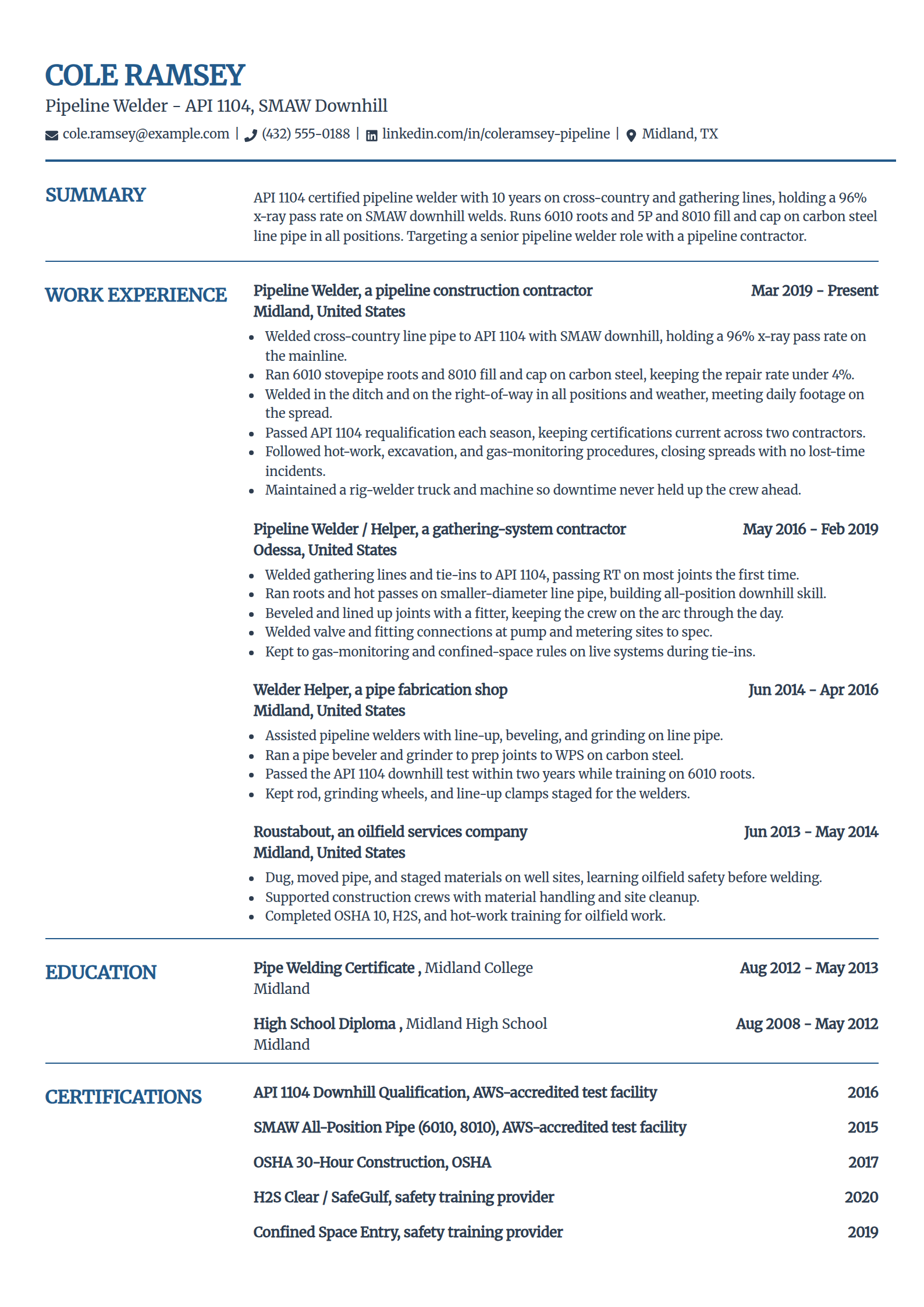 Pipeline welder resume example in the Craft template