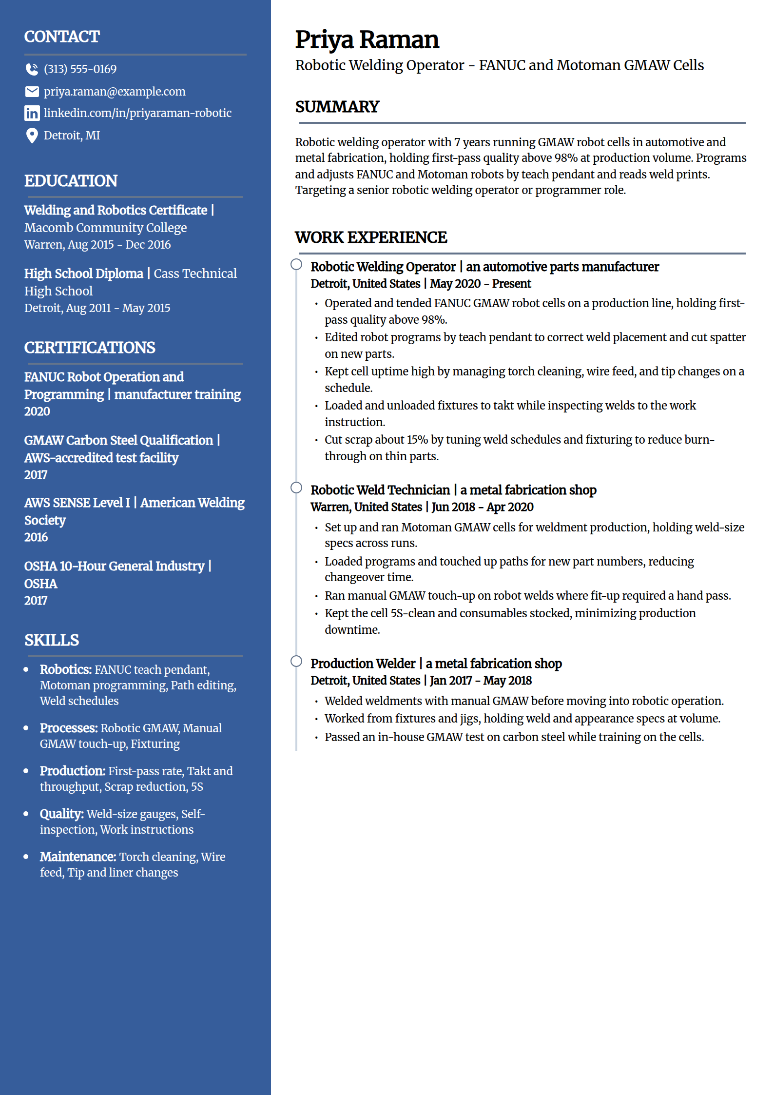 Robotic welding operator resume example in the Creative template