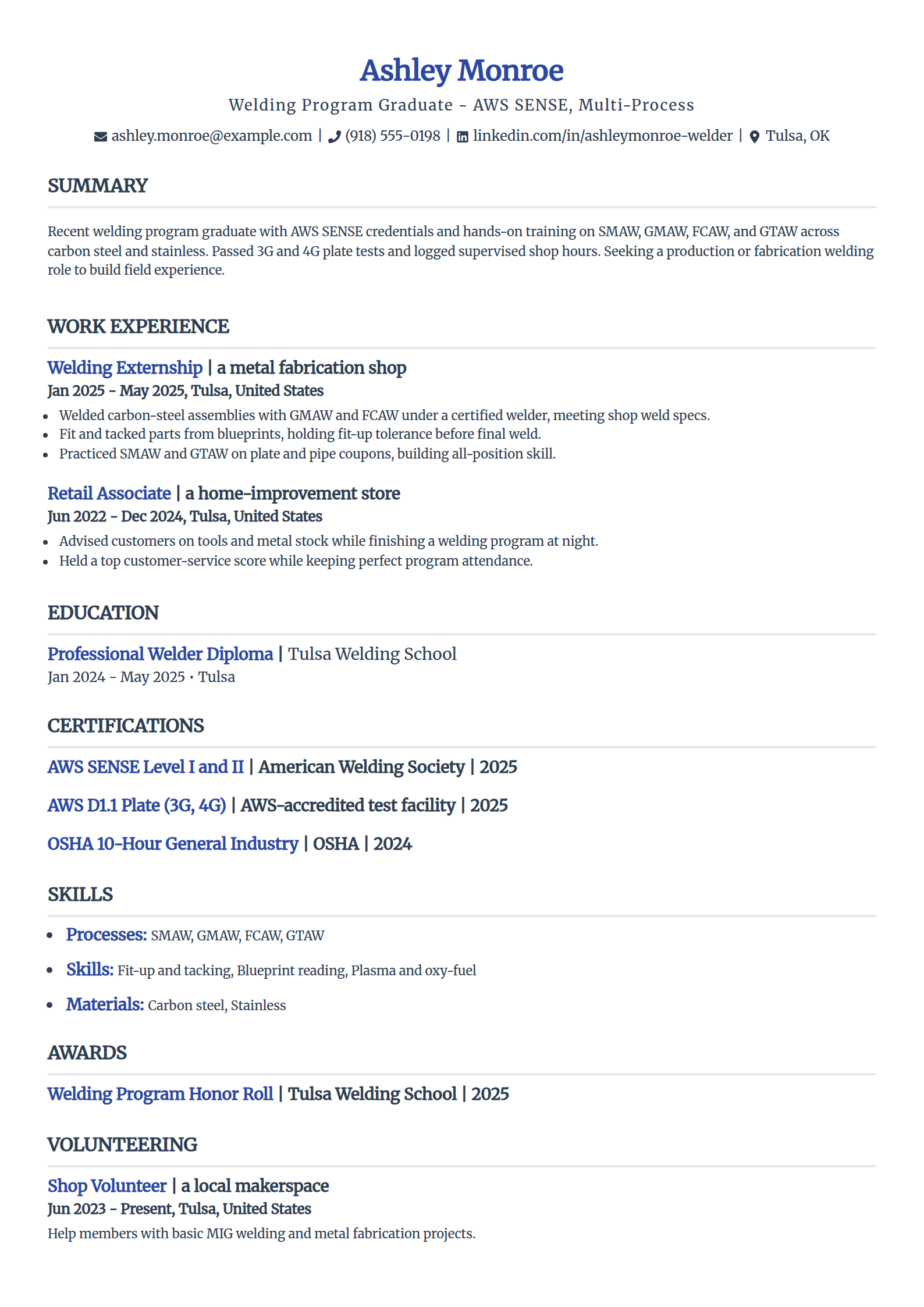 Welding school graduate resume example in the Simple template