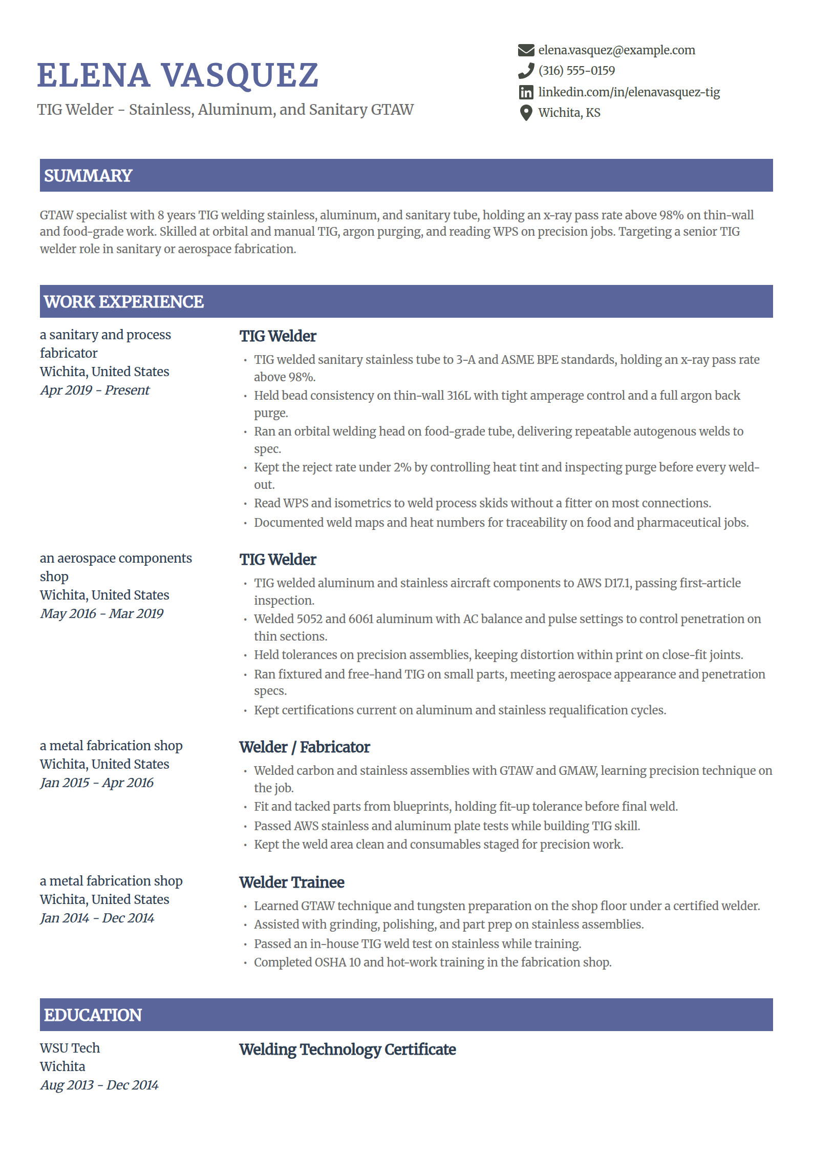 TIG welder resume example in the Catalyst template