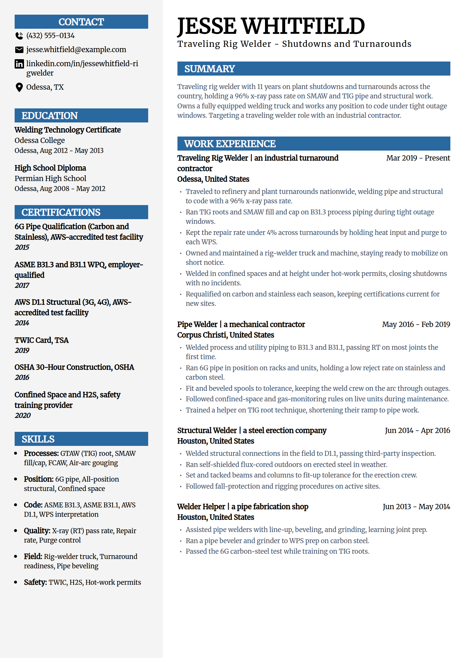 Traveling rig welder resume example in the Mosaic template